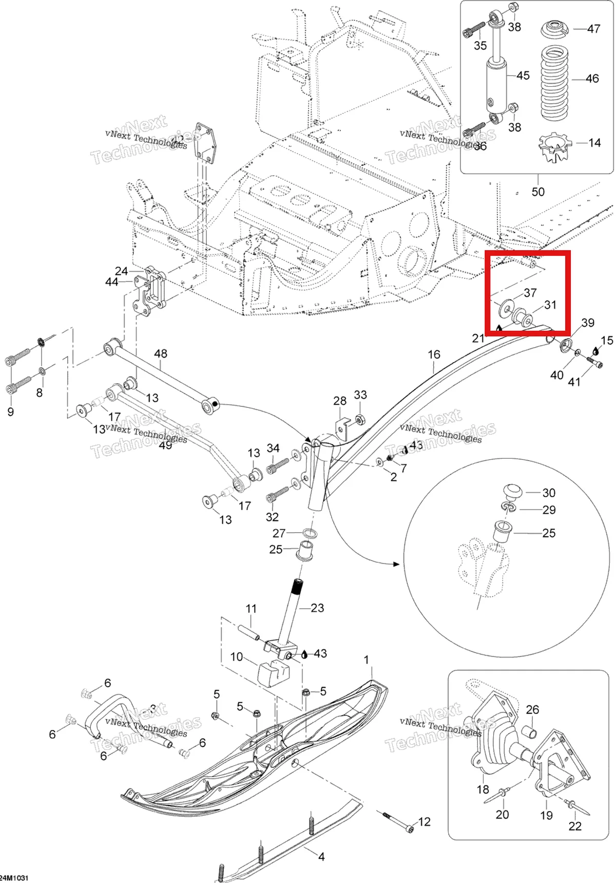 Деталь 503146700 (Шайба) на схеме узла 2010 Ski-Doo Skandic SUV 550F Front Suspension And Ski