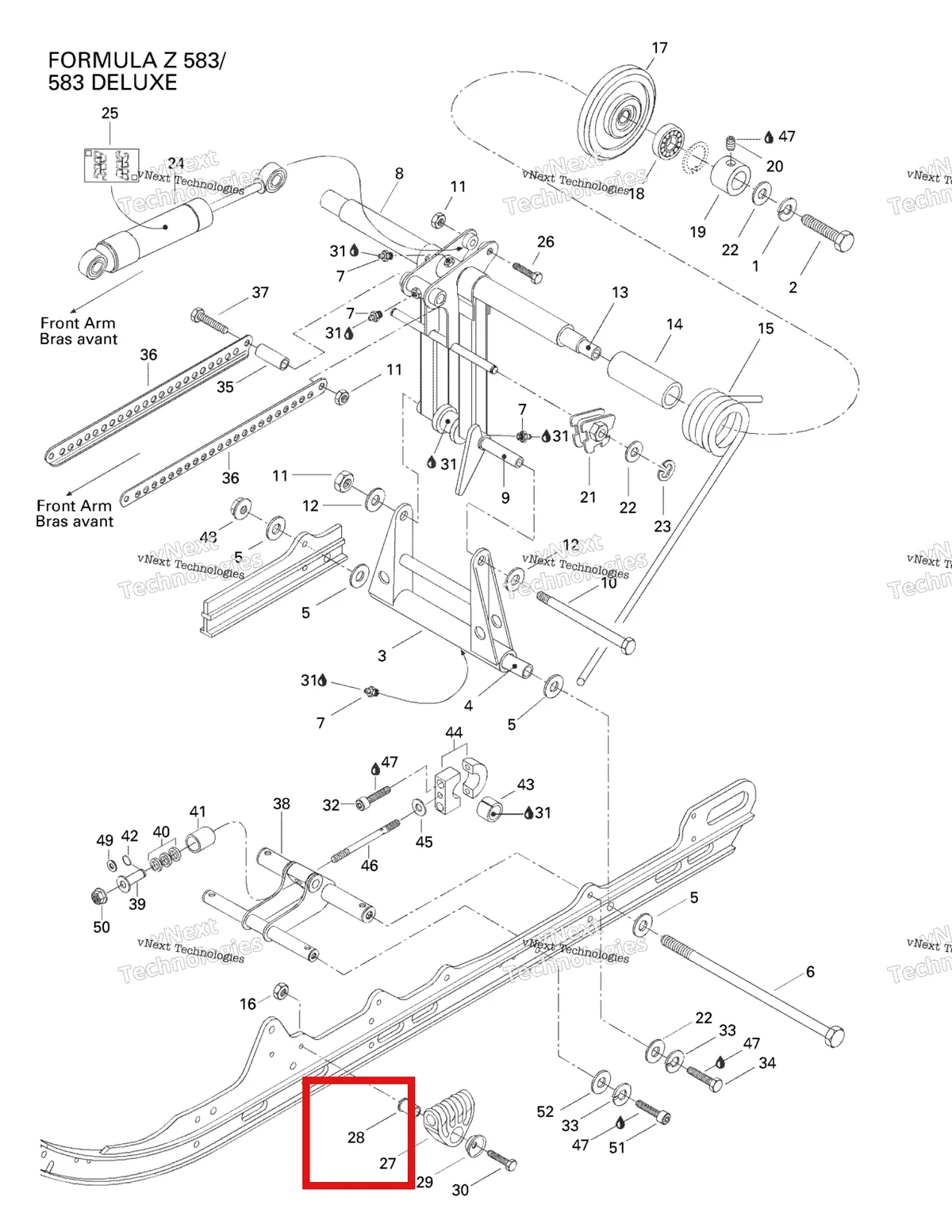 Деталь 503152700 на схеме узла 1998 Ski-Doo Formula 500 Deluxe Rear Arm, Rear Suspension