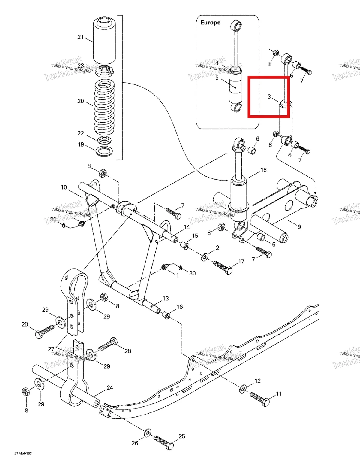Деталь 503188902 на схеме узла 2001 Ski-Doo Touring 380 F/500F Front Arm