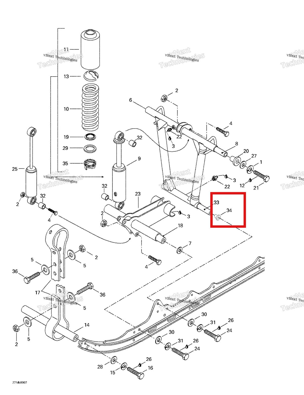 Деталь 503188940 на схеме узла 1999 Ski-Doo Formula Deluxe 380/500 Front Arm, Rear Suspension