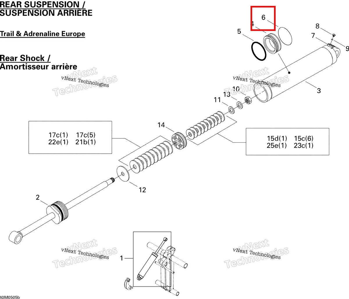 Деталь 503189006 (Кольцо поршневое) на схеме узла 2005 Ski-Doo MX Z 600 HO Trail & Adrenaline & X Take Apart Shock, Rear Trail, Adrenaline Europe