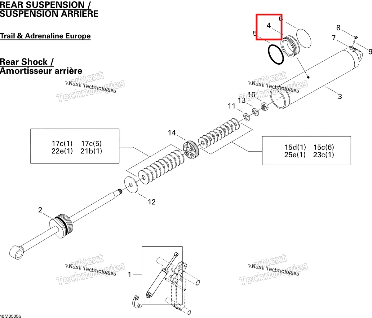 Деталь 503189008 (Деталь Flotting Piston) на схеме узла 2005 Ski-Doo MX Z 600 HO Trail & Adrenaline & X Take Apart Shock, Rear Trail, Adrenaline Europe