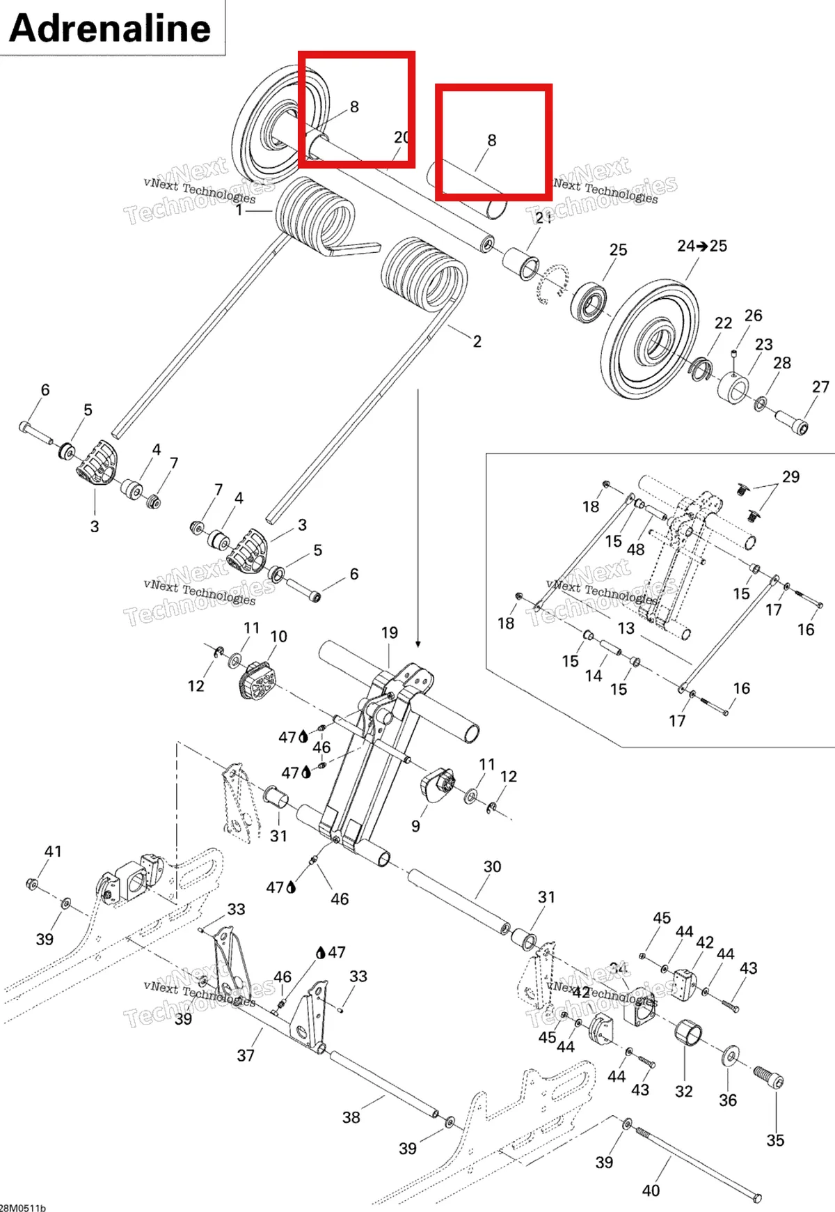 Деталь 503189105 на схеме узла 2005 Ski-Doo MX Z 600 HO SDI Adrenaline & X Rear Arm Adrenaline