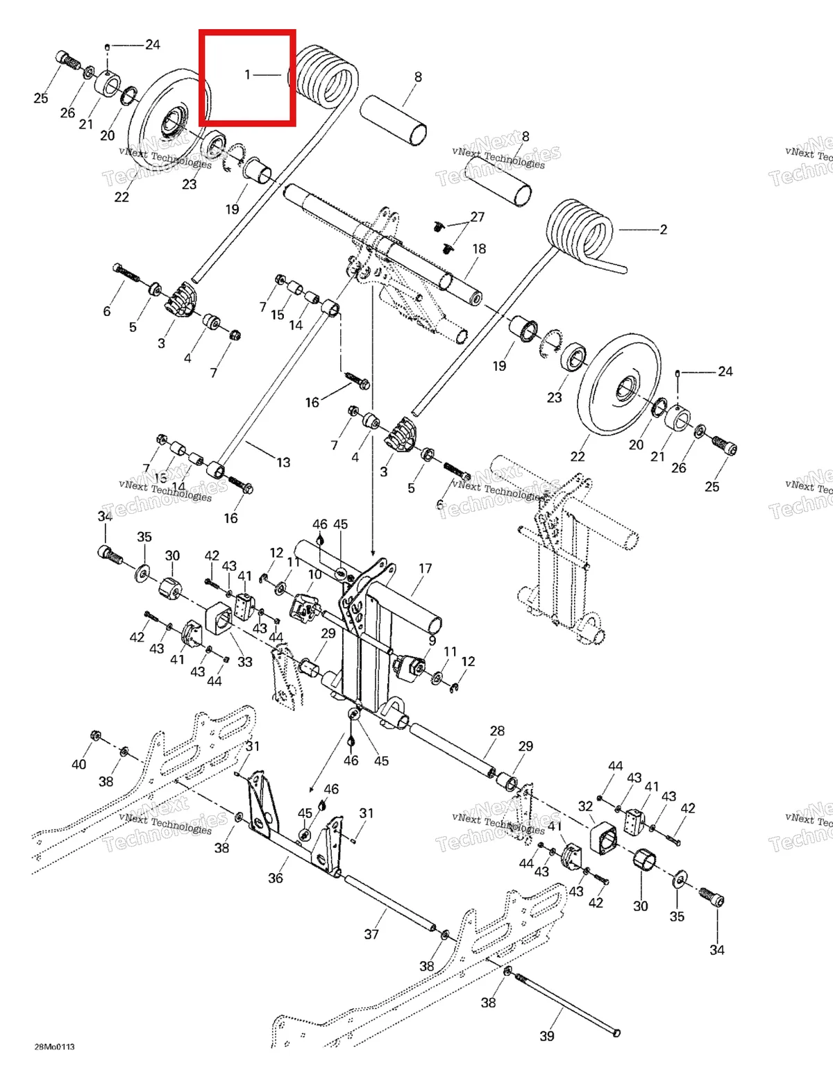 Деталь 503189350 на схеме узла 2001 Ski-Doo Grand Touring 500/600/700 Rear Arm