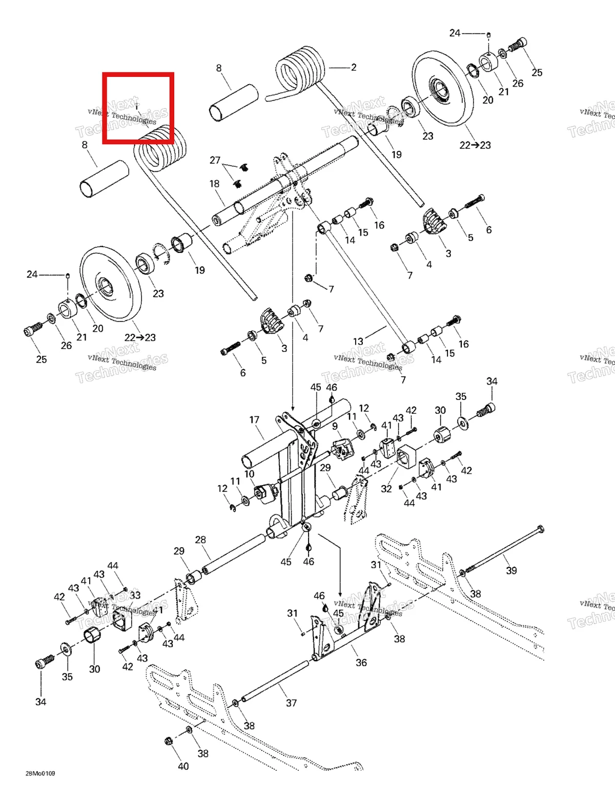 Деталь 503189443 на схеме узла 2001 Ski-Doo Formula Deluxe 500/600/700 Rear Arm