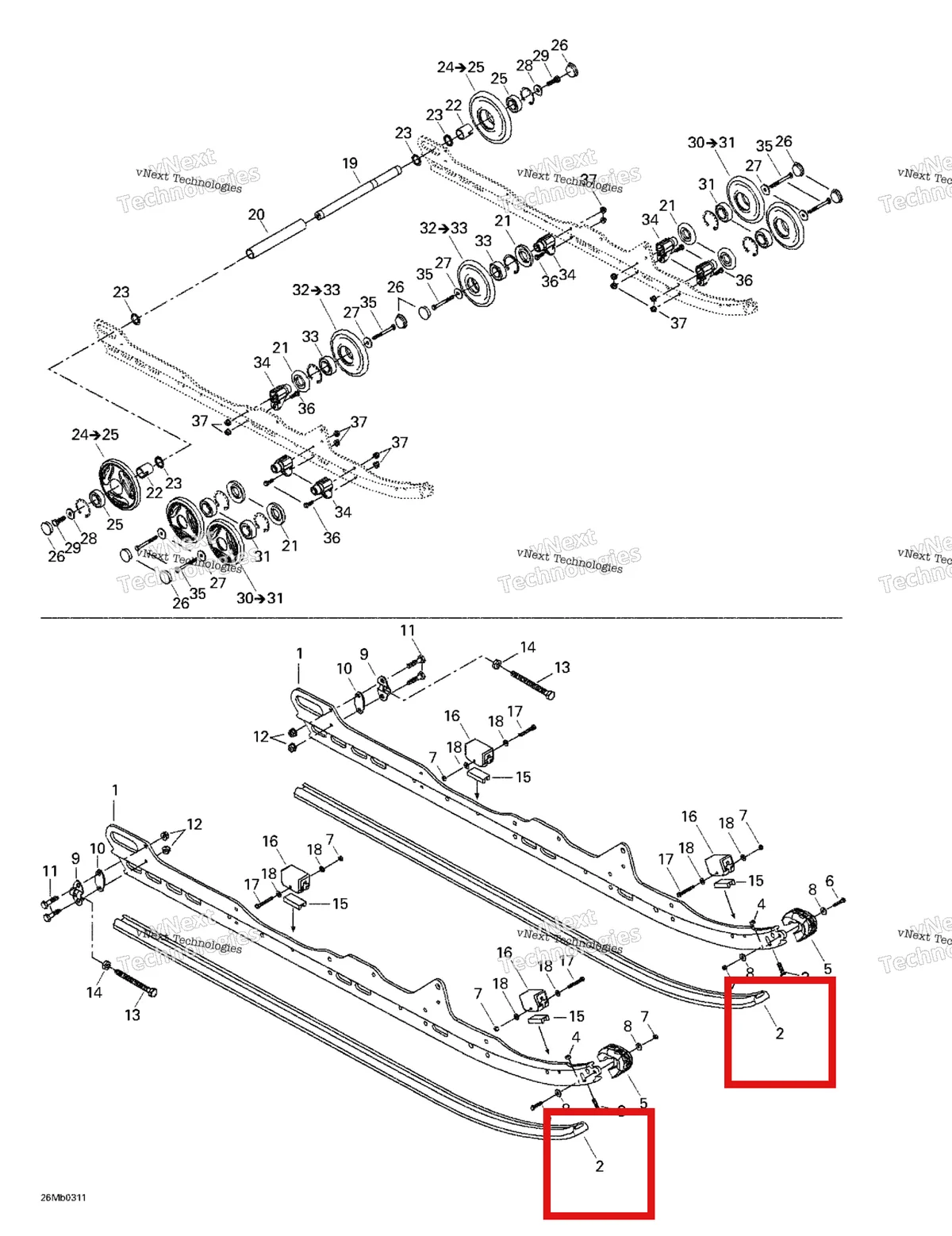 Деталь 503189639 (Башмак) на схеме узла 2003 Ski-Doo Grand Touring 380 F/550 F Rear Suspension