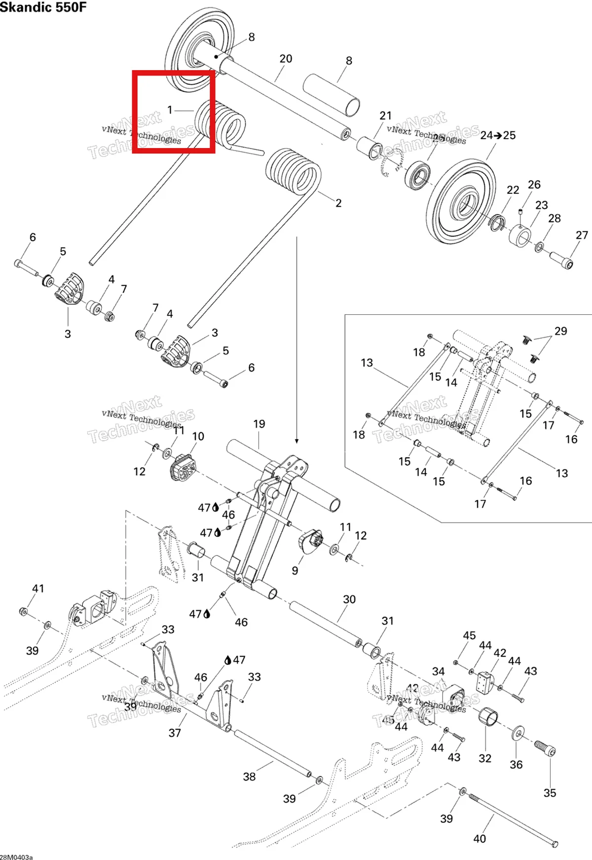 Деталь 503189674 на схеме узла 2004 Ski-Doo Skandic 550F Rear Arm Skandic 550F