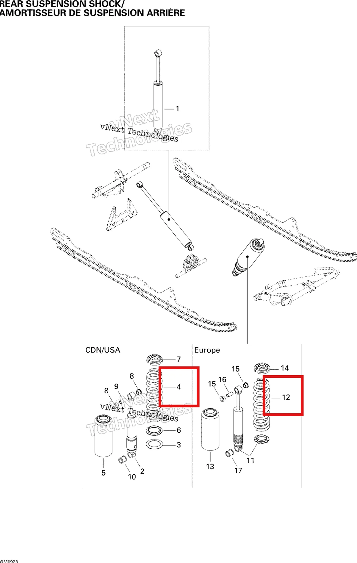 Деталь 503190546 на схеме узла 2009 Ski-Doo Summit Fan Rear Suspension Shocks