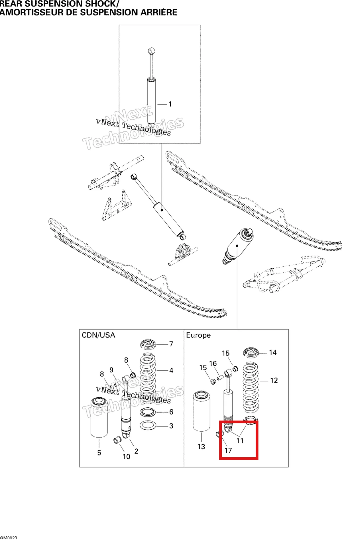 Деталь 503190662 на схеме узла 2009 Ski-Doo Summit Fan Rear Suspension Shocks