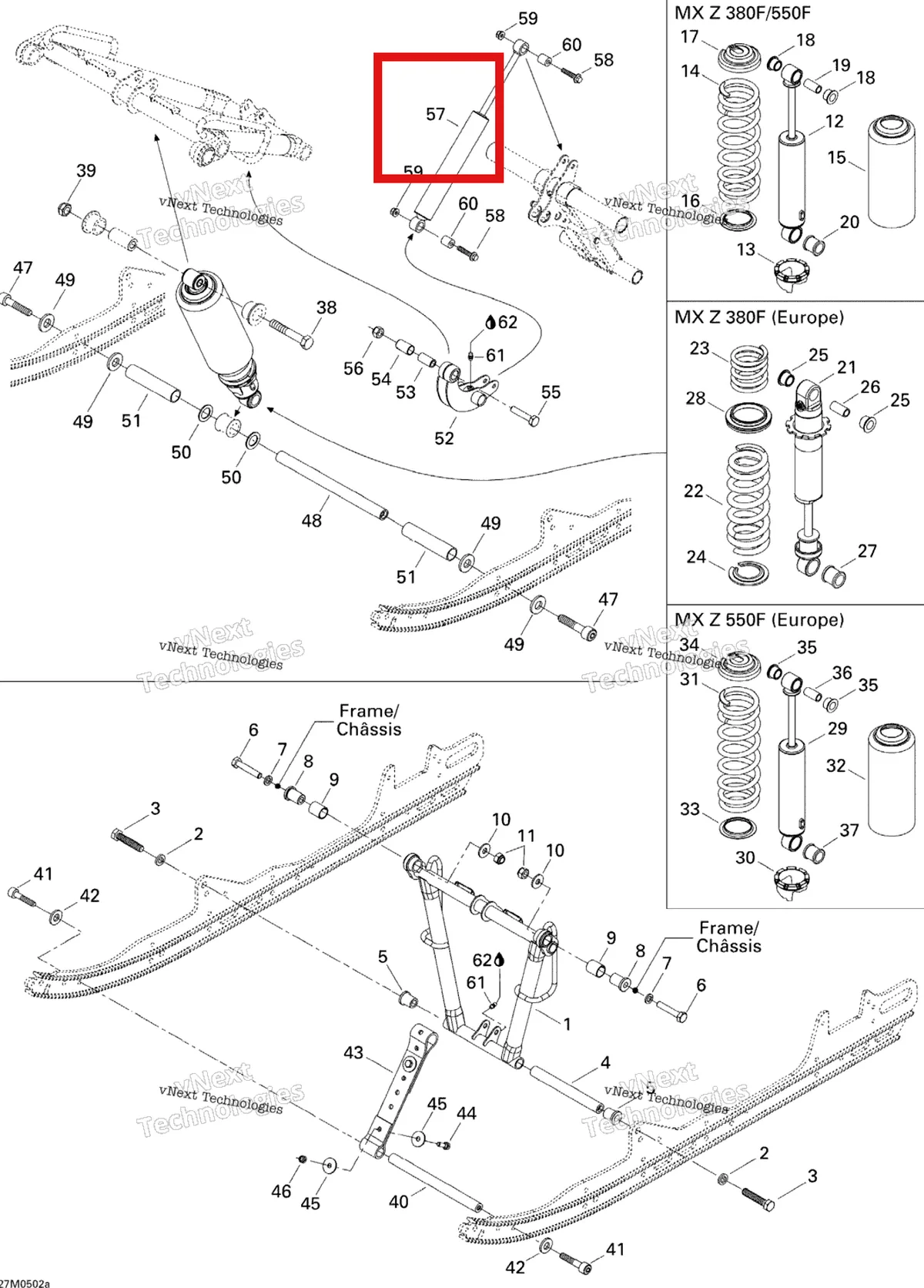 Деталь 503190808 на схеме узла 2005 Ski-Doo MX Z 380F Front Arm Mx Z 380F