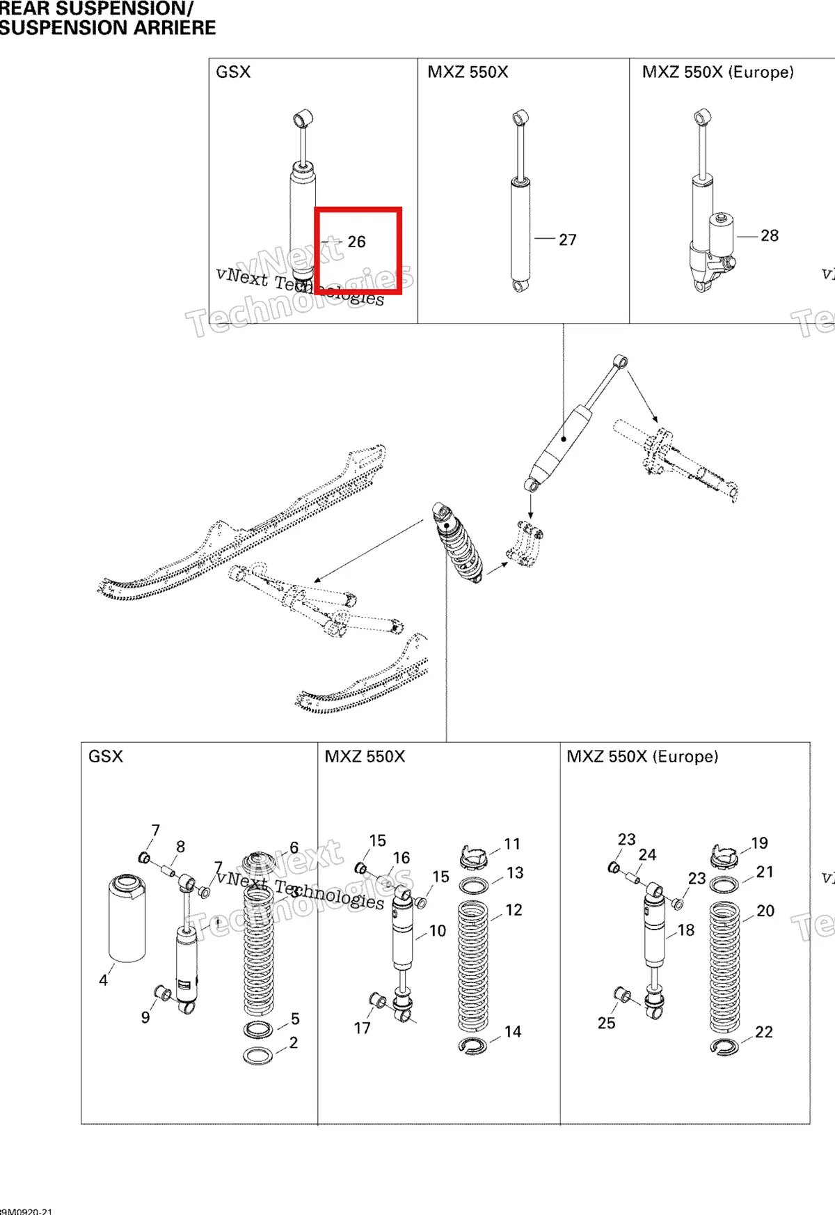 Деталь 503190991 на схеме узла 2009 Ski-Doo GSX Fan Rear Suspension Shocks