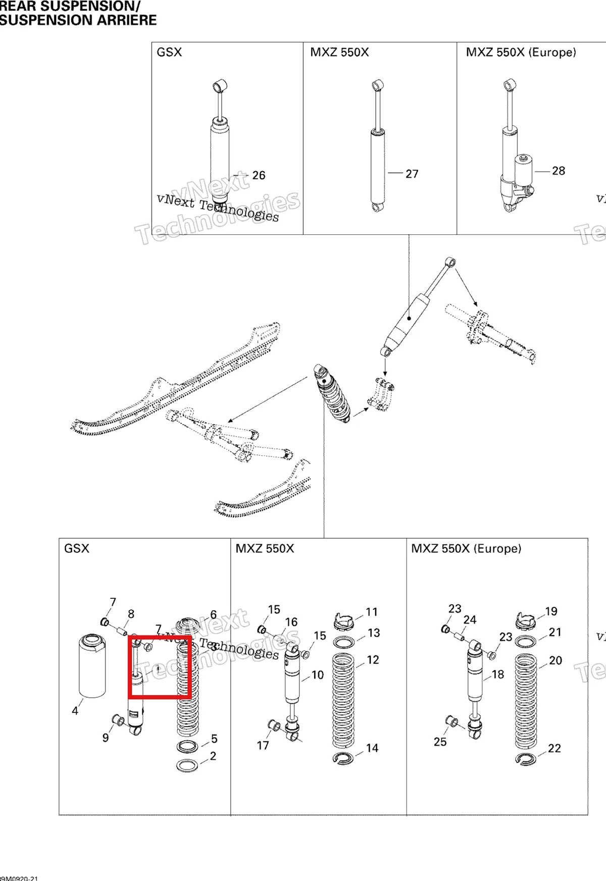 Деталь 503190992 на схеме узла 2009 Ski-Doo GSX Fan Rear Suspension Shocks