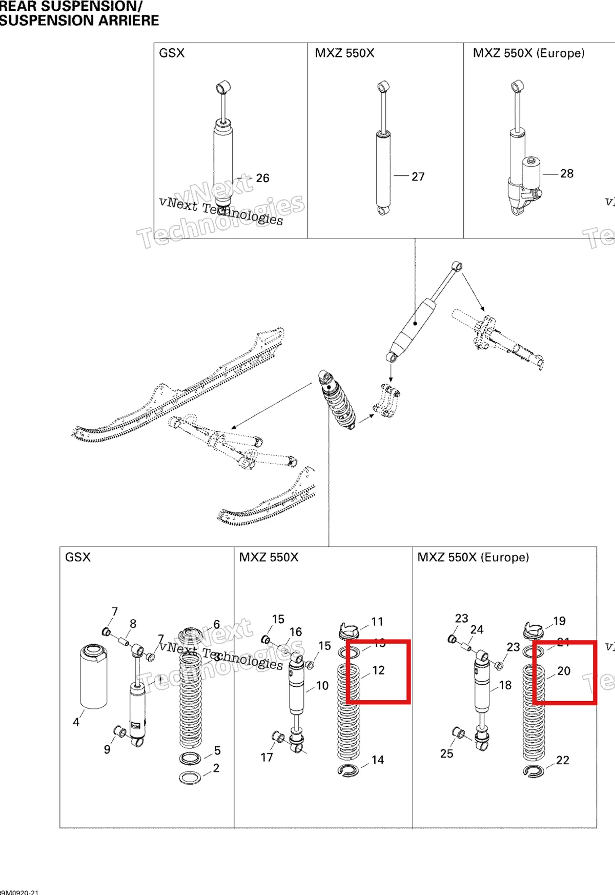 Деталь 503191135 (Пружина) на схеме узла 2009 Ski-Doo MX Z 550X Rear Suspension Shocks