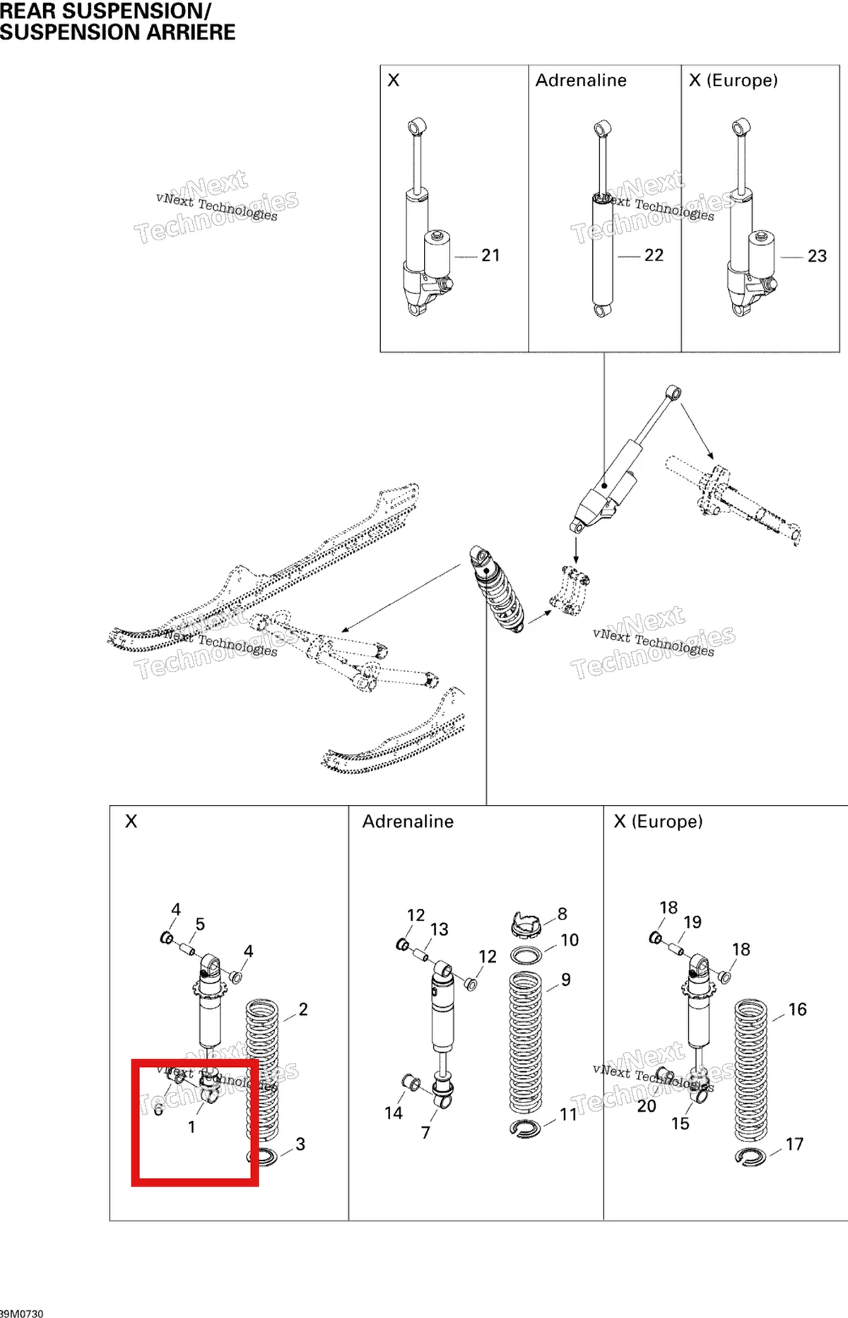 Деталь 503191203 на схеме узла 2007 Ski-Doo MACH Z X Rear Suspension Shocks X