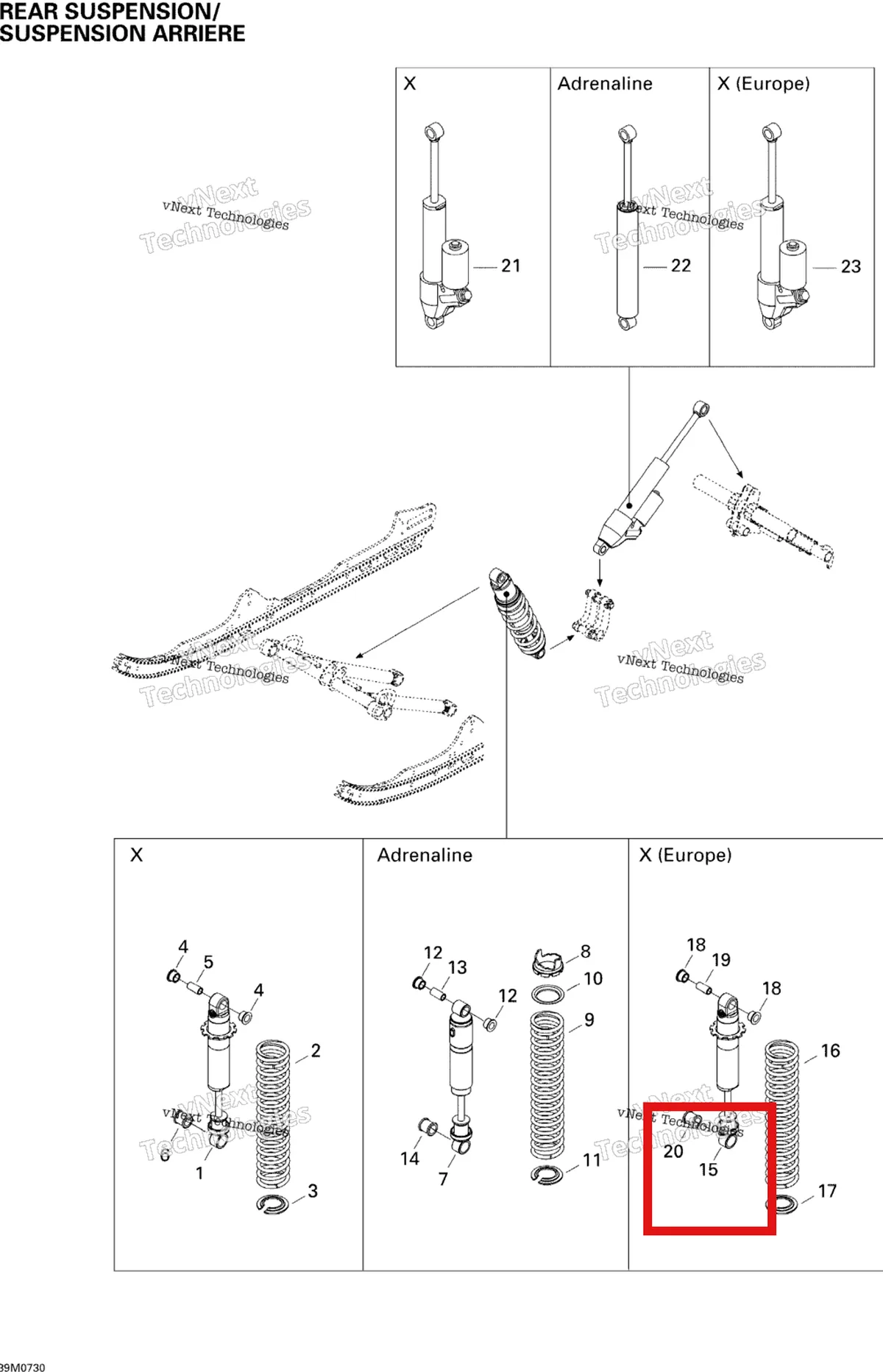 Деталь 503191220 на схеме узла 2007 Ski-Doo MACH Z X Rear Suspension Shocks X
