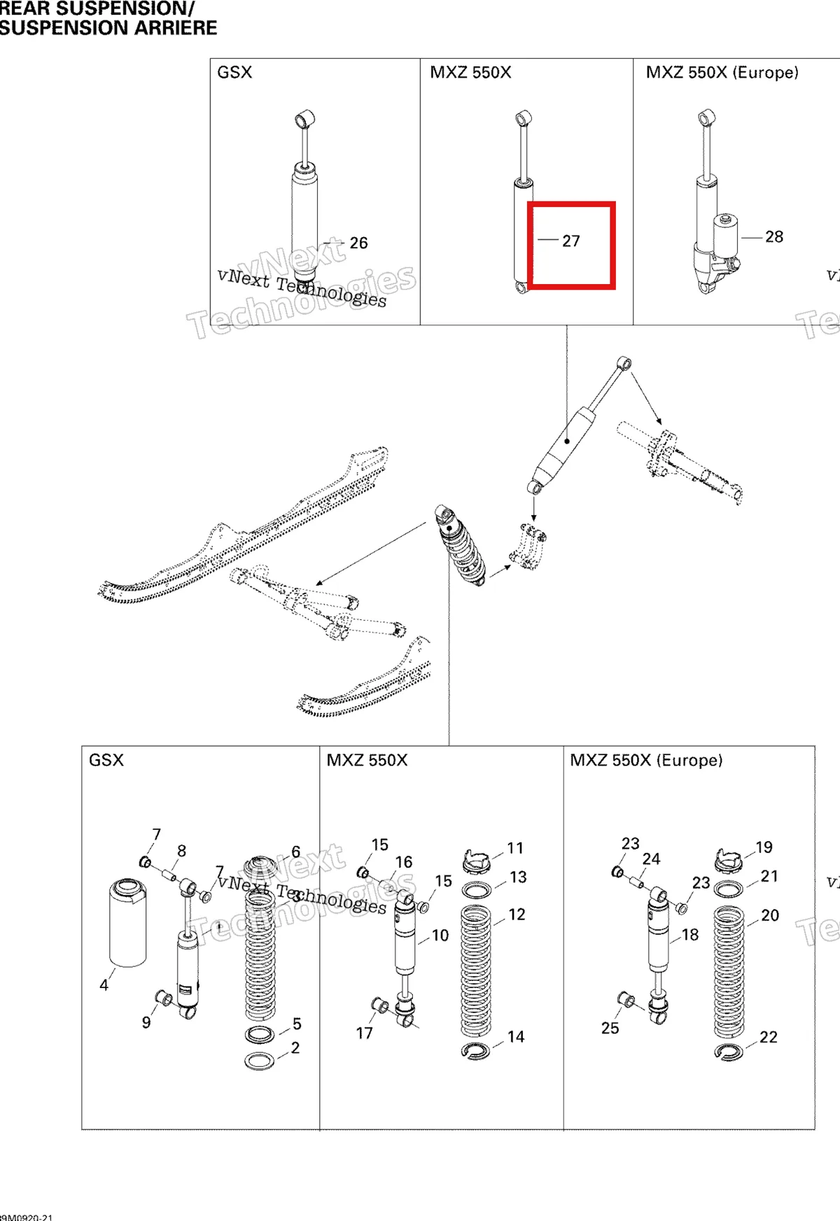 Деталь 503191297 на схеме узла 2009 Ski-Doo MX Z 550X Rear Suspension Shocks