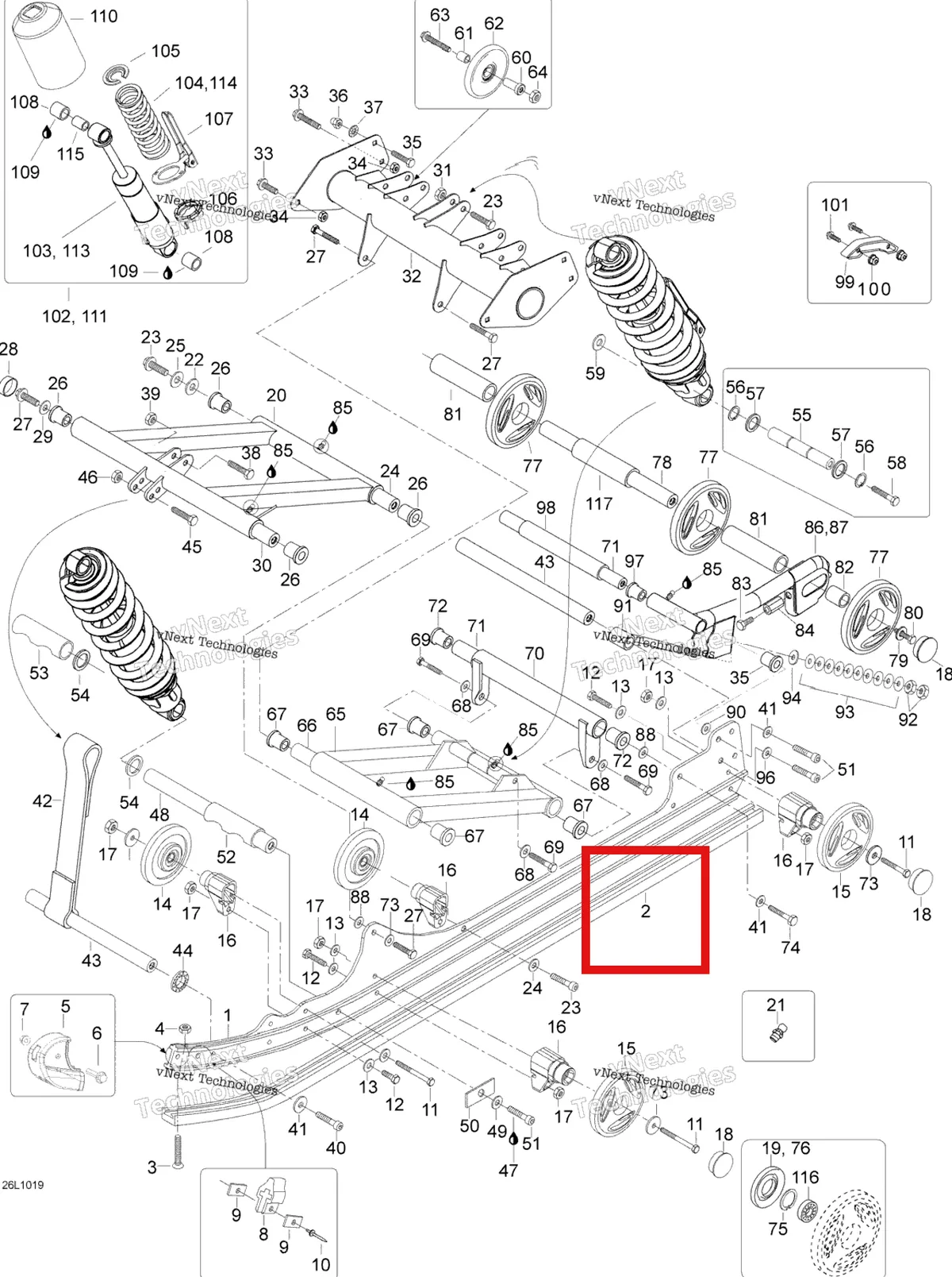 Деталь 503192021 (Слайдер Ботинка) на схеме узла 2010 Ski-Doo Expedition TUV SE 600HO SDI XU Rear Suspension