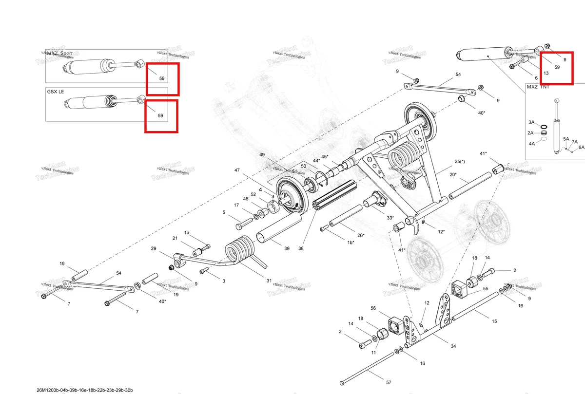 Деталь 503192023 на схеме узла 2012 Ski-Doo MXZ TNT 550F XP-FAN Rear Suspension Rear Arm And Shock