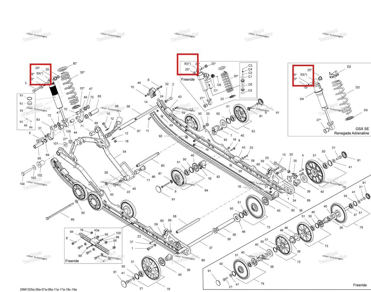Деталь 503192035 на схеме узла 2012 Ski-Doo Renegade Back Country X 600HOETEC Rear Suspension Front Arm And Base