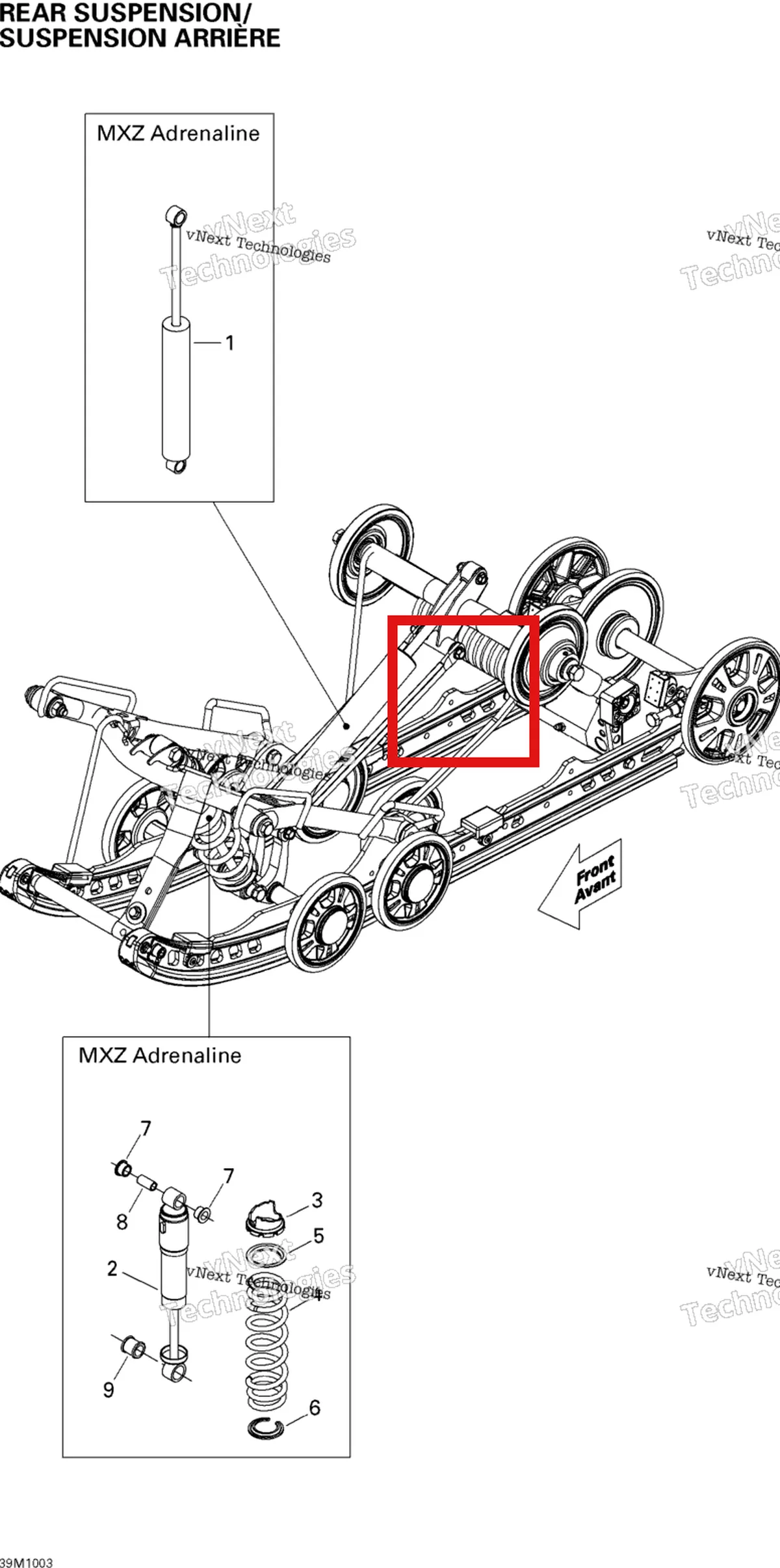 Деталь 503192075 на схеме узла 2010 Ski-Doo MX Z Adrenaline 600HO ETEC Rear Suspension Shocks