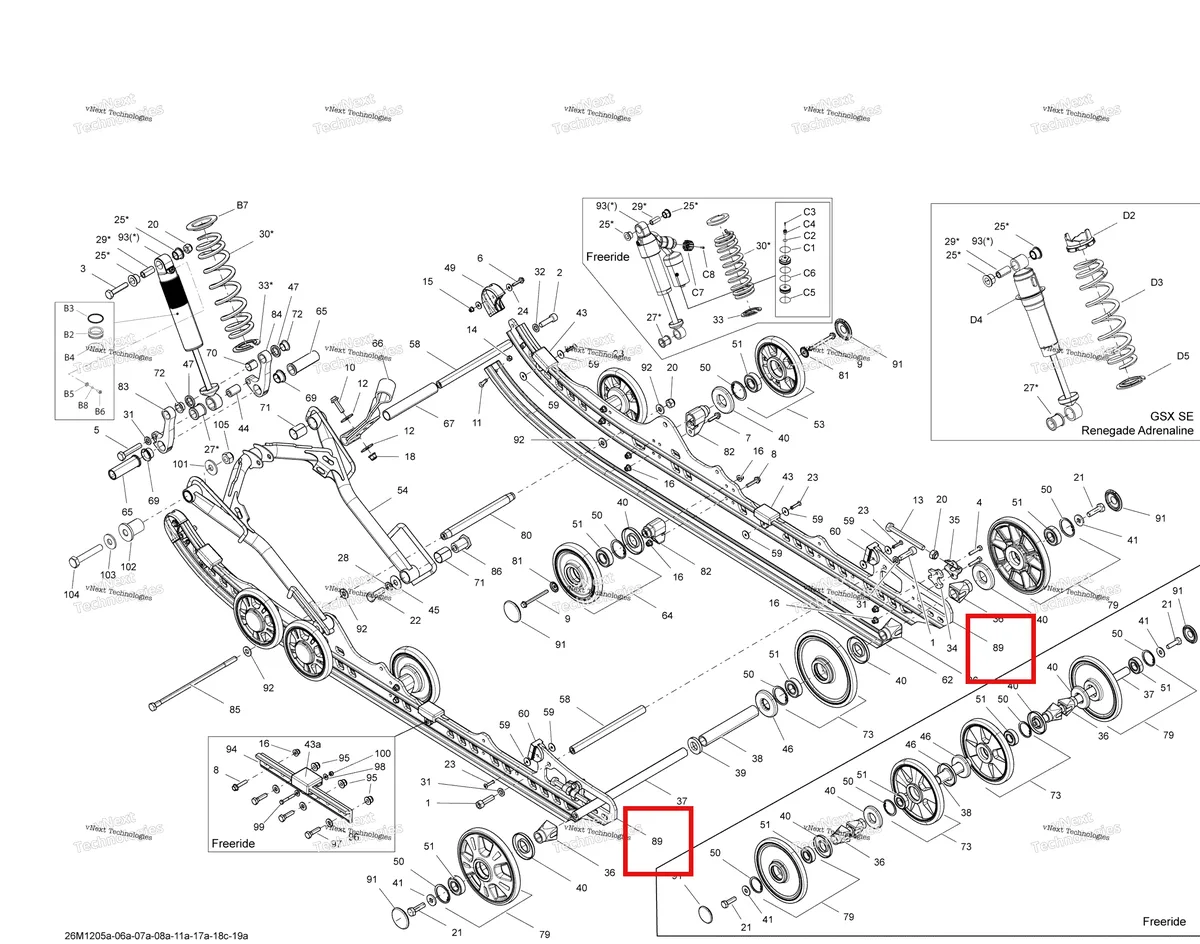 Деталь 503192931 на схеме узла 2012 Ski-Doo Renegade Back Country X 600HOETEC Rear Suspension Front Arm And Base