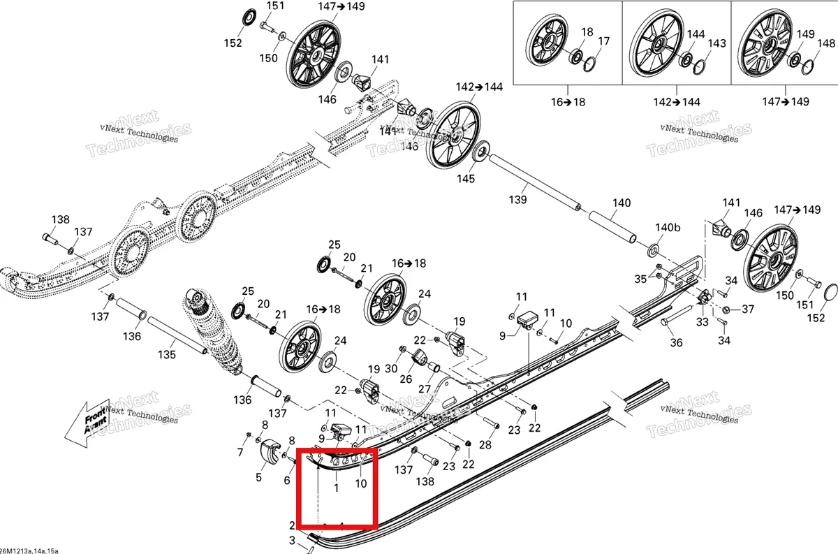 Деталь 503192941 на схеме узла 2012 Ski-Doo Summit X 800R E-TEC Rear Suspension Runner