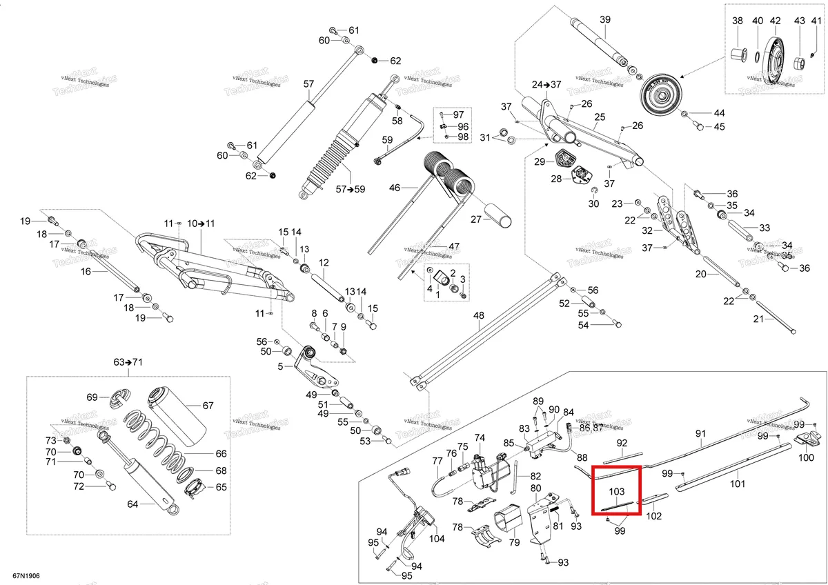 Деталь 503193011 (Деталь Hose Protector) на схеме узла 2019 Ski-Doo EXPEDITION LE-SE 600HO E-TEC Rear Suspension - Upper Section - Se