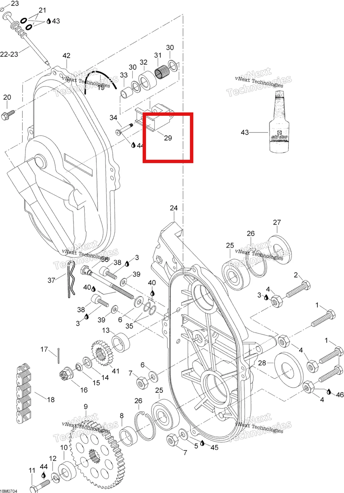 Деталь 504081000 (Натяжитель Цепи) на схеме узла 2007 Ski-Doo Skandic LT 440F Transmission