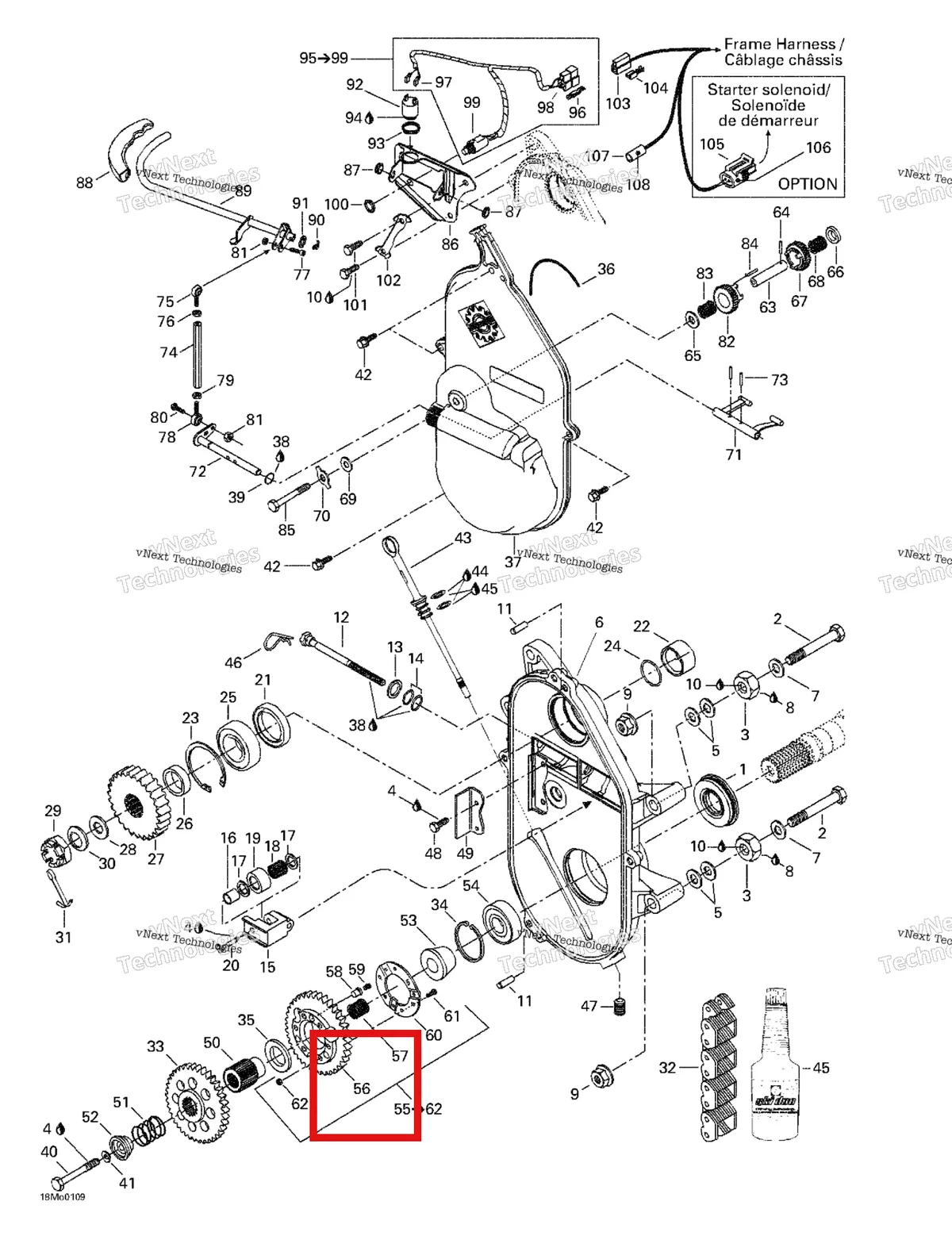 Деталь 504088200 (Деталь Sprocket, 44 Tooth) на схеме узла 2001 Ski-Doo Formula Deluxe 500/600/700 Transmission