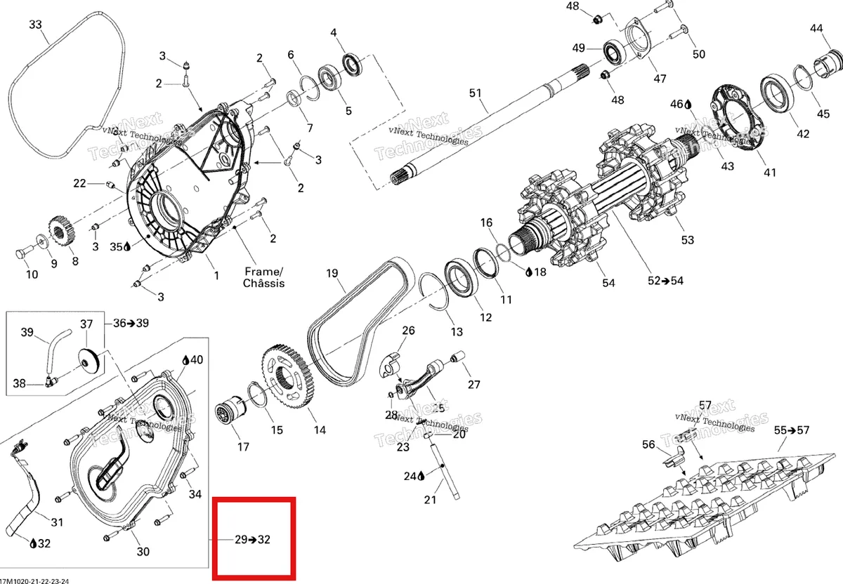 Деталь 504152916 (Деталь Chaincase Cover Ass'y. Includes 29 To 32) на схеме узла 2010 Ski-Doo Skandic Tundra, STD, SPORT, LT Drive System
