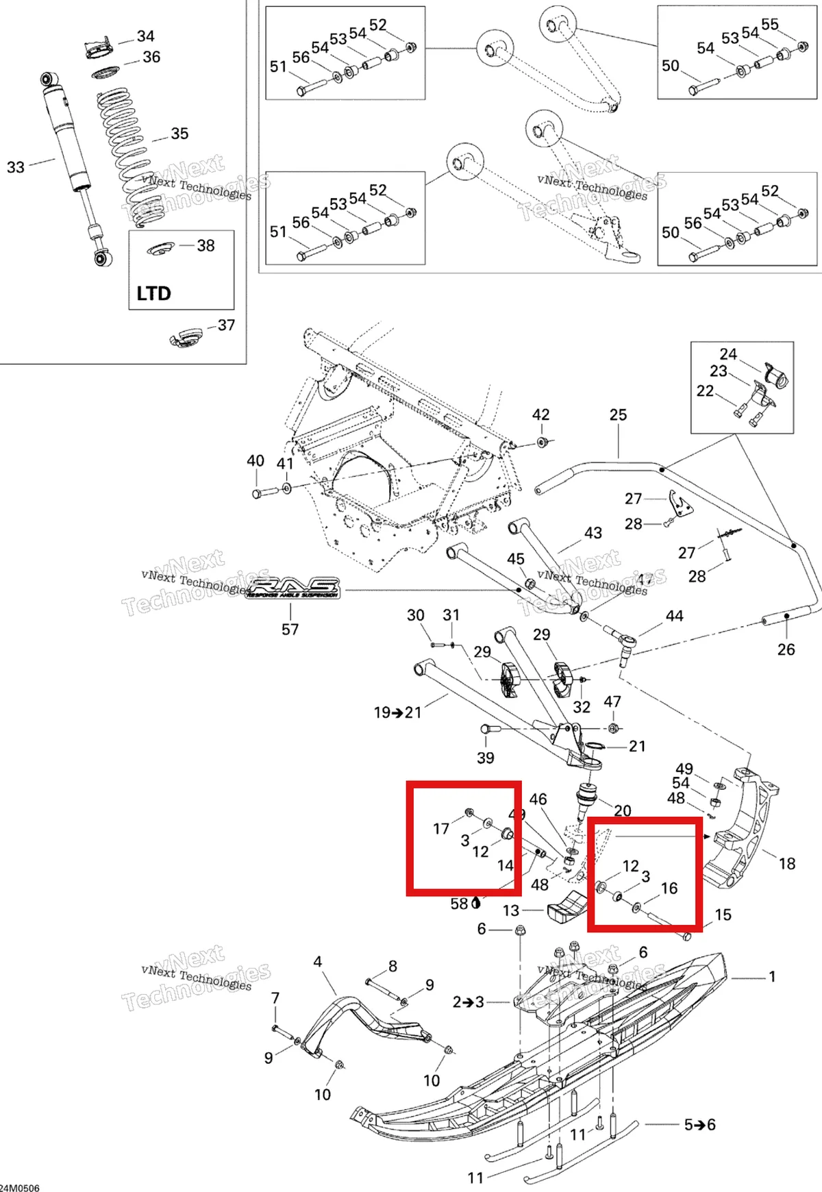 Деталь 505070001 (Гильца) на схеме узла 2005 Ski-Doo GSX 500SS Front Suspension And Ski 500Ss