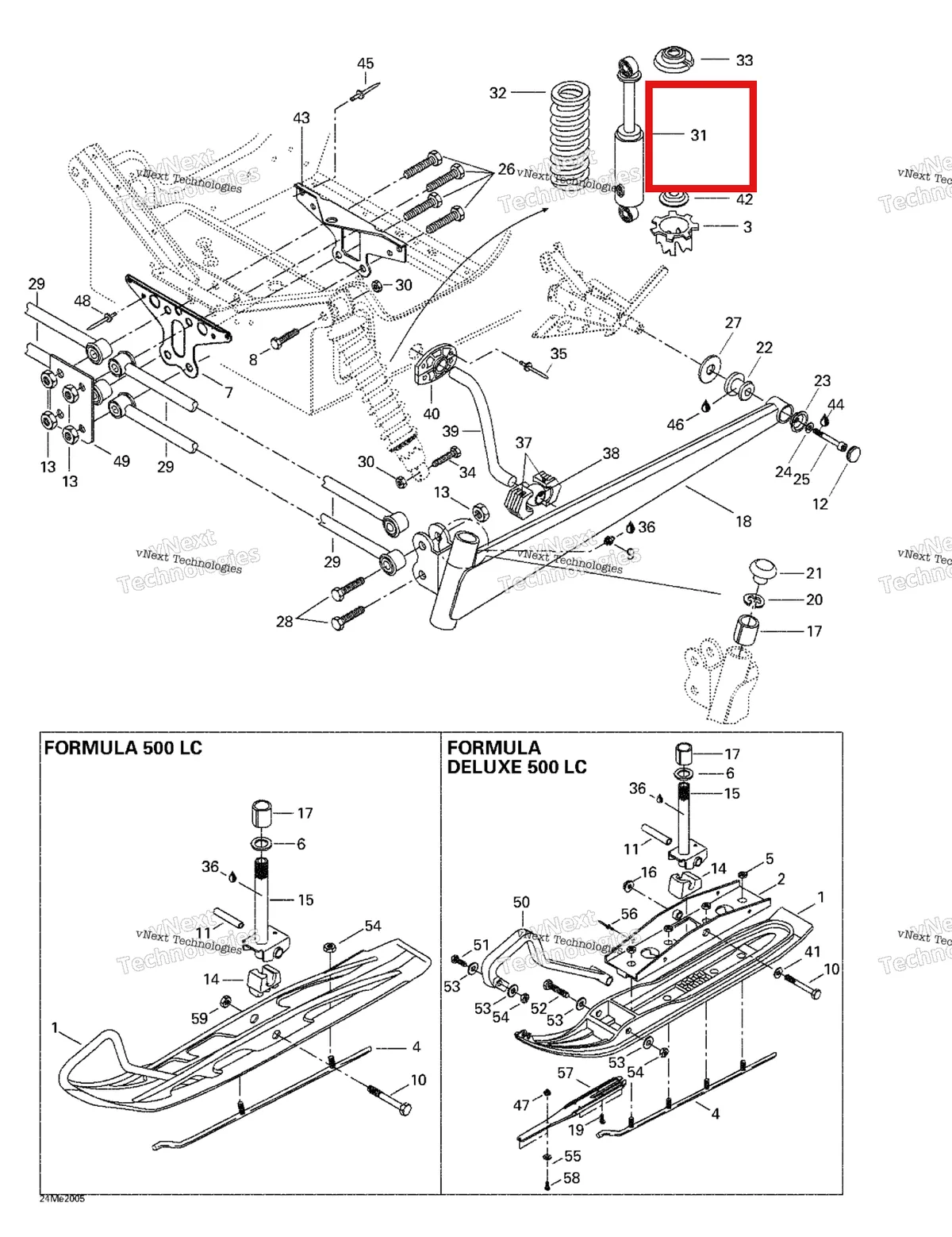 Деталь 505070012 (Шок) на схеме узла 2000 Ski-Doo Formula 500 LC Front Suspension And Ski