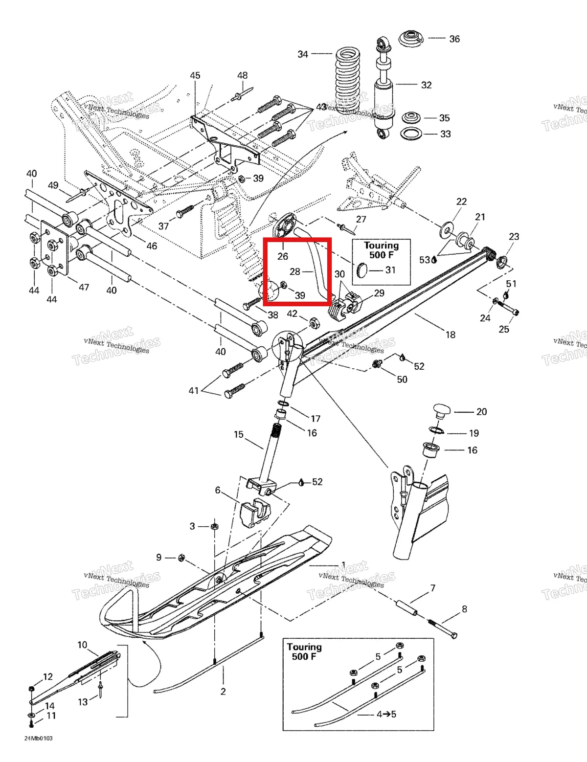 Деталь 505070069 (Деталь Stabilisator) на схеме узла 2001 Ski-Doo Touring 380 F/500F Front Suspension And Ski