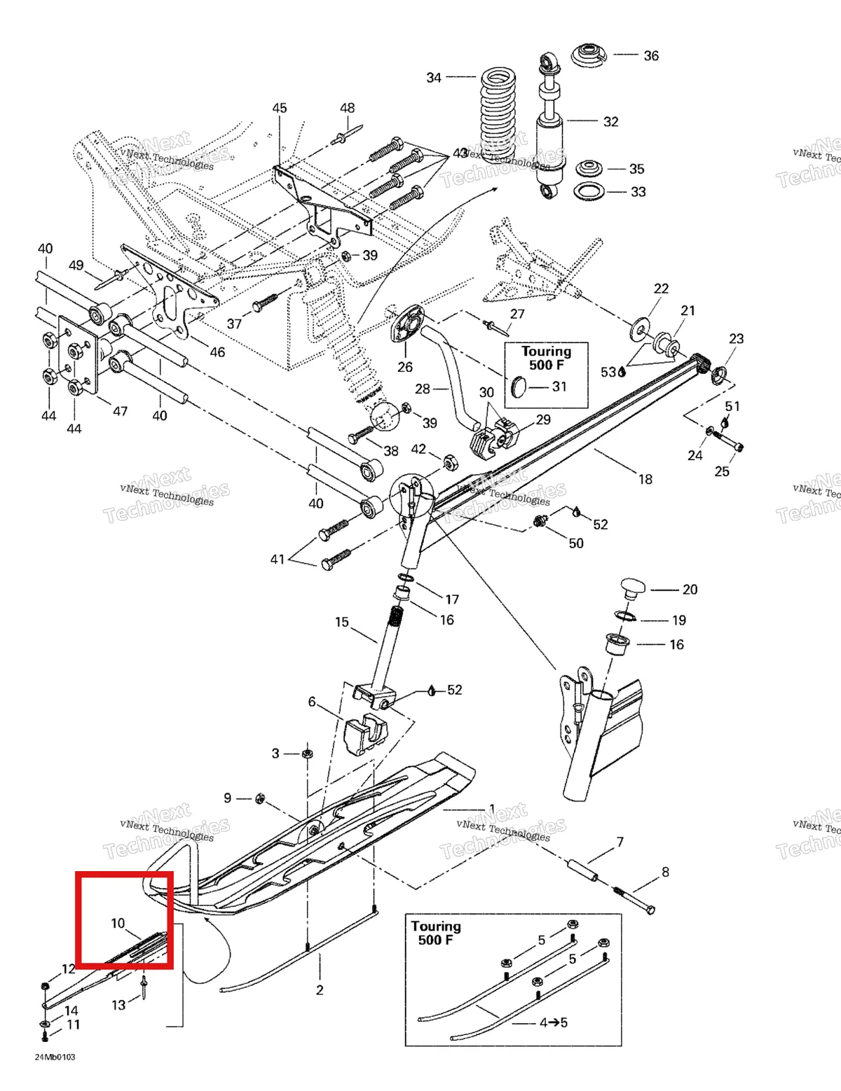 Деталь 505070087 на схеме узла 2001 Ski-Doo Touring 380 F/500F Front Suspension And Ski