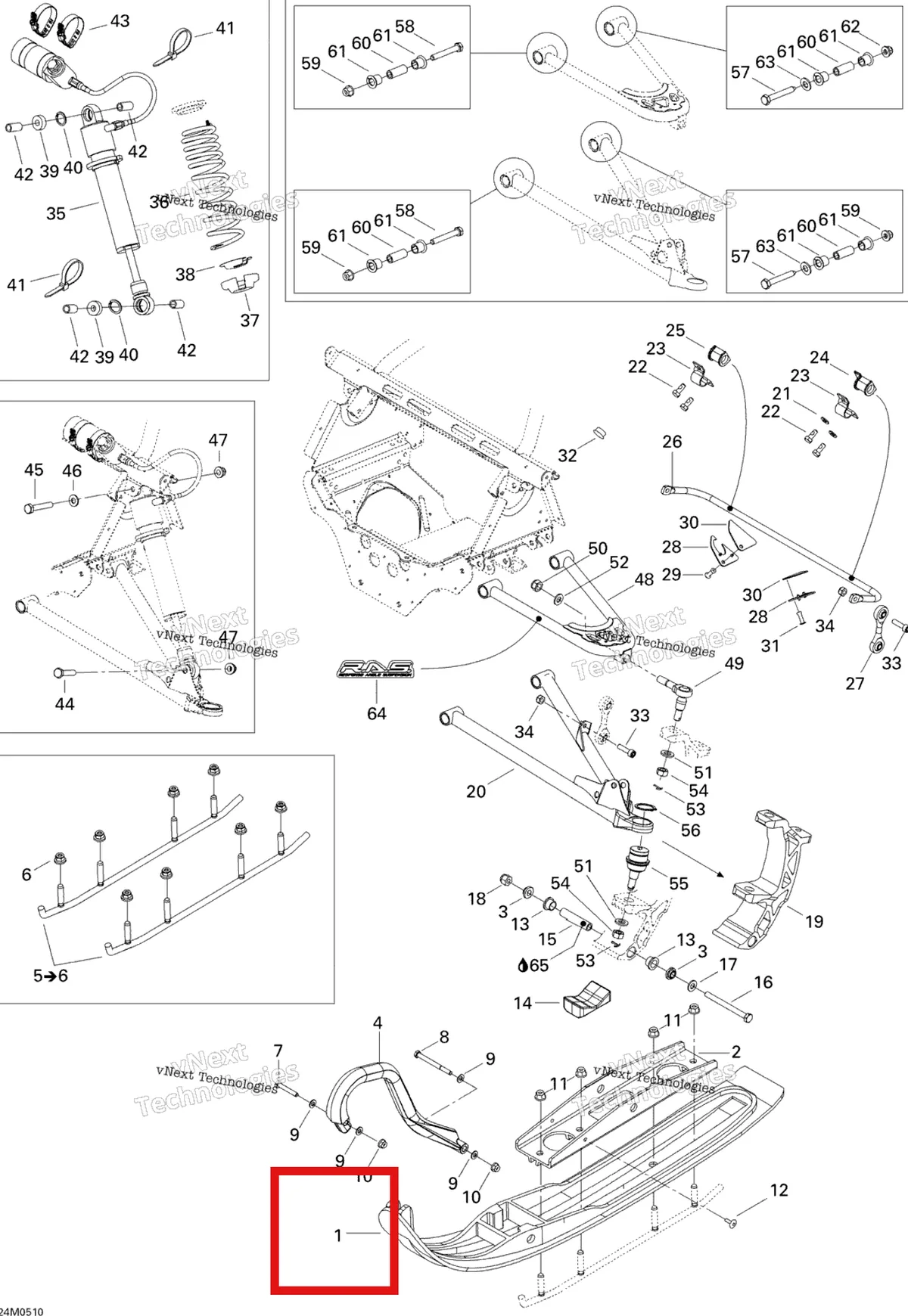 Деталь 505070189 (Деталь Ski Liner) на схеме узла 2005 Ski-Doo MX Z X 440 Racing Front Suspension And Ski