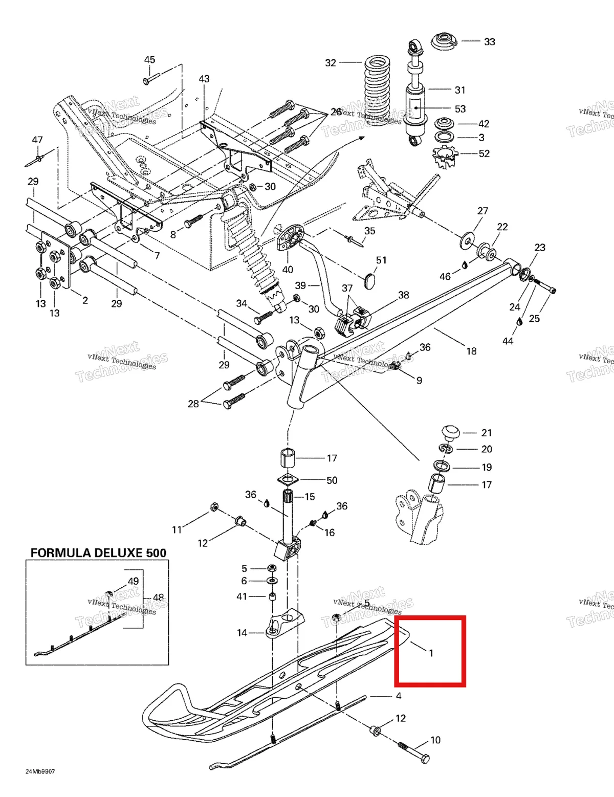 Деталь 505070199 на схеме узла 1999 Ski-Doo Formula Deluxe 380/500 Front Suspension And Ski