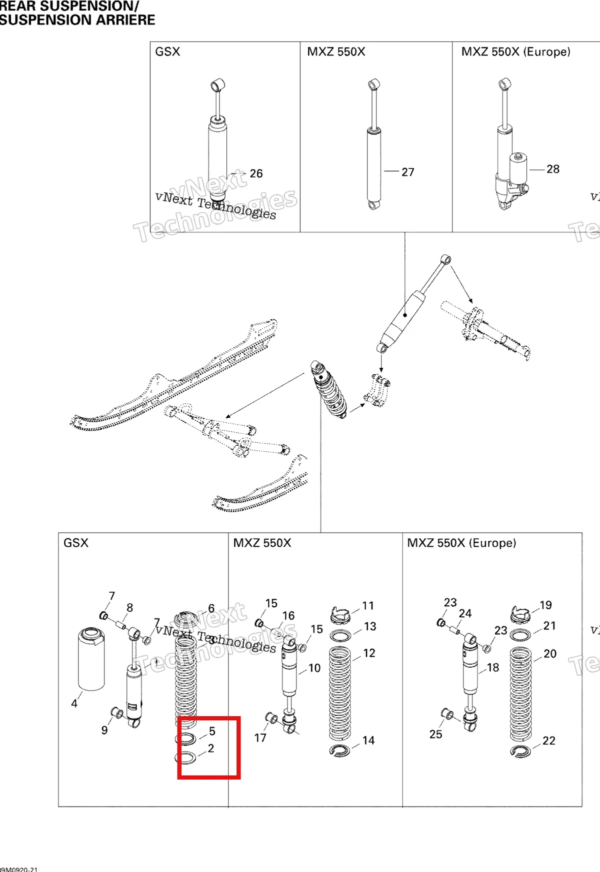 Деталь 505070401 на схеме узла 2009 Ski-Doo GSX Fan Rear Suspension Shocks
