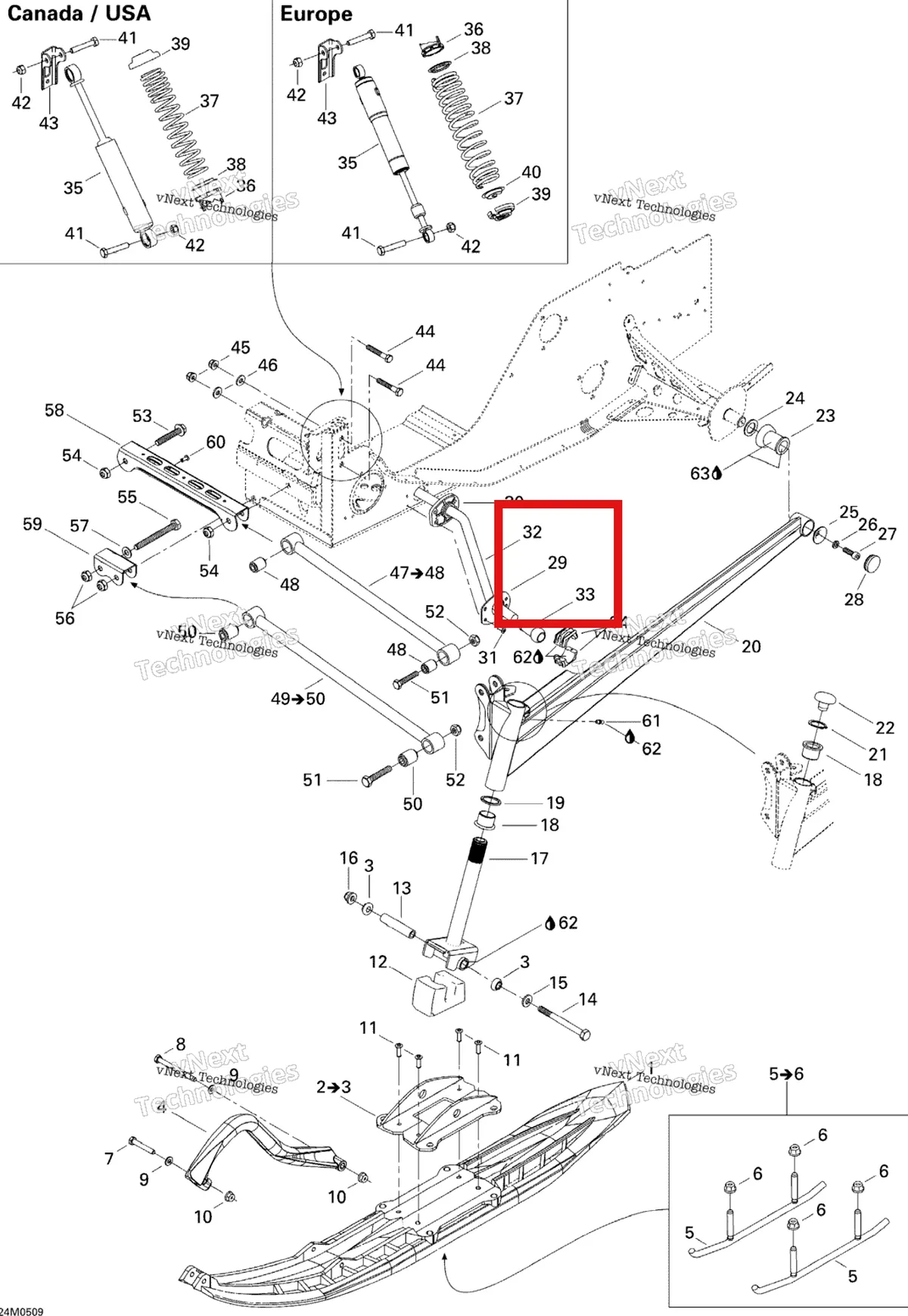 Деталь 505070542 (Пластина) на схеме узла 2005 Ski-Doo Legend V-1000 Front Suspension And Ski