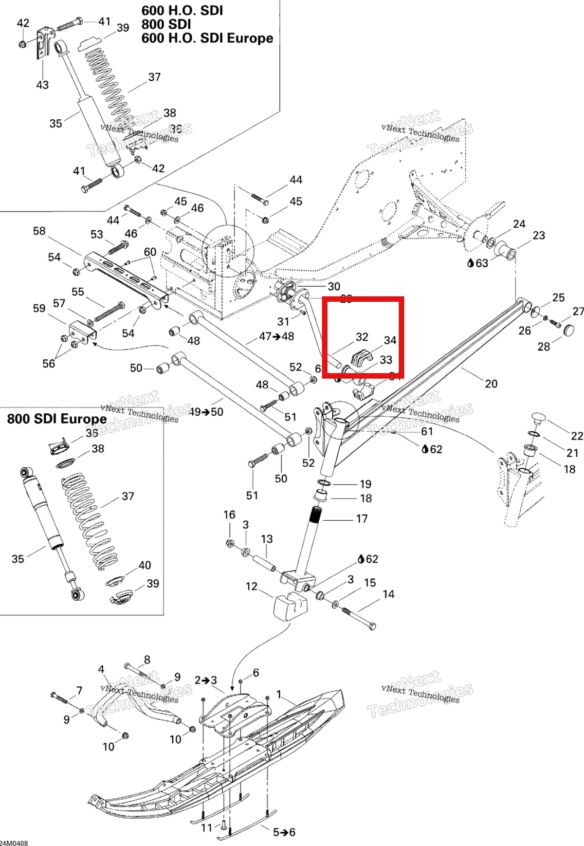 Деталь 505070563 на схеме узла 2004 Ski-Doo Legend 600 HO SDI Front Suspension And Ski