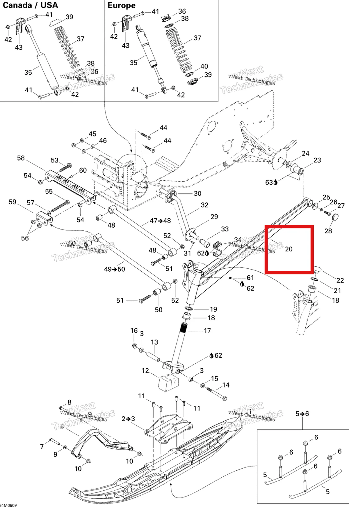 Деталь 505070646 на схеме узла 2005 Ski-Doo Legend V-1000 Front Suspension And Ski