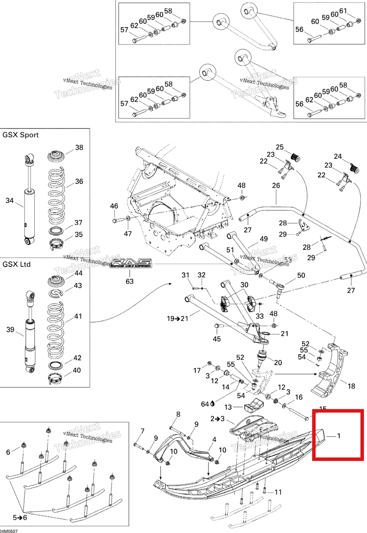 Деталь 505070727 (Деталь Ski Liner) на схеме узла 2005 Ski-Doo GSX 600 HO SDI Front Suspension And Ski