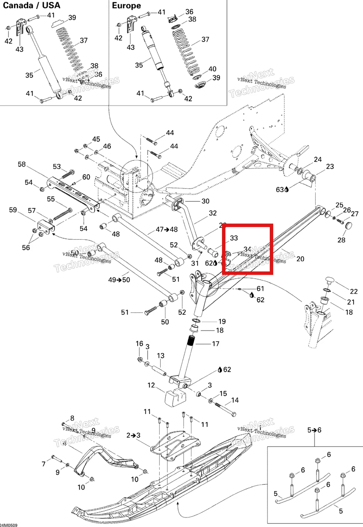 Деталь 505070817 на схеме узла 2005 Ski-Doo Legend V-1000 Front Suspension And Ski