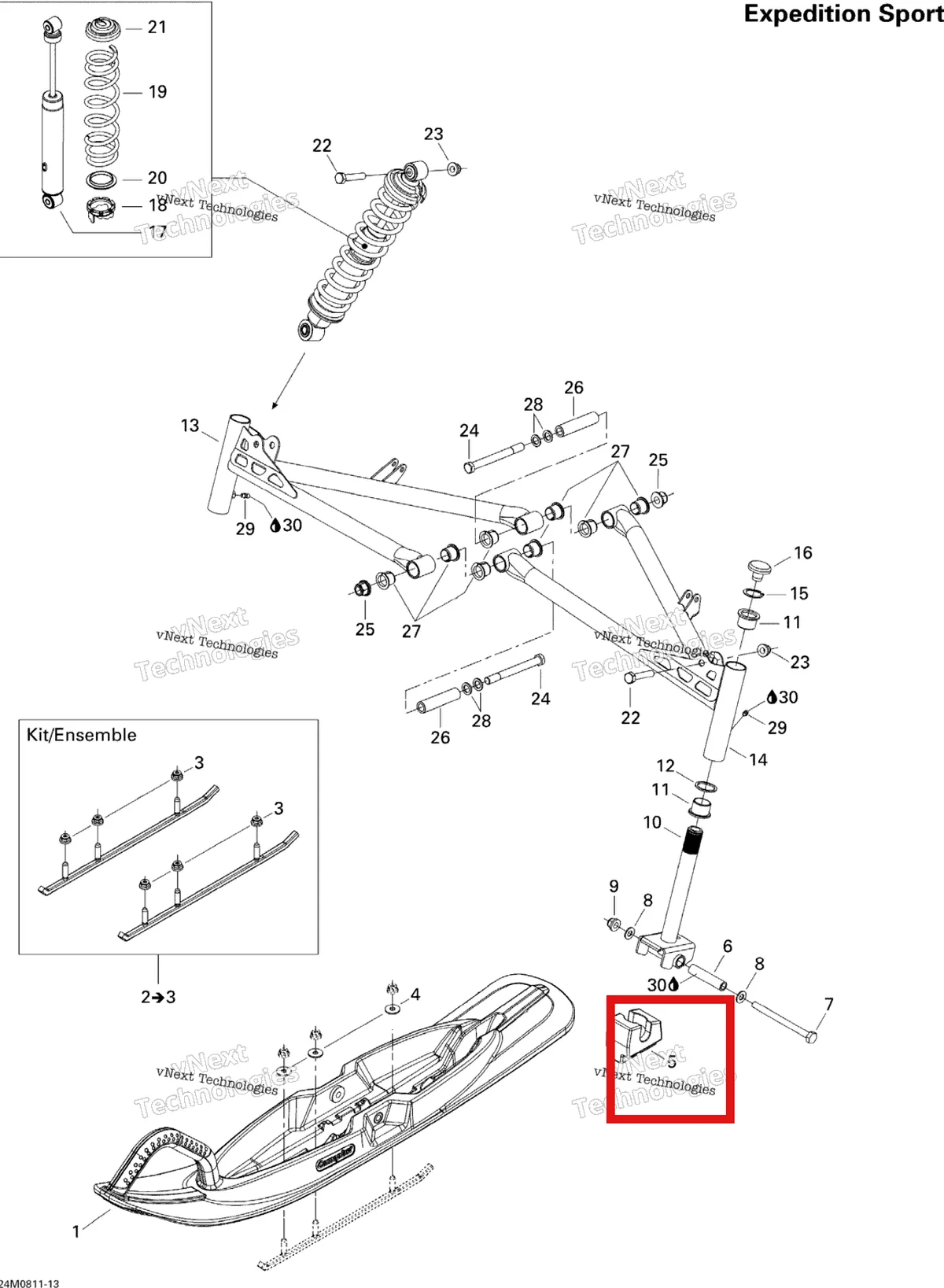 Деталь 505070978 (Деталь Stopper-ski) на схеме узла 2008 Ski-Doo Expedition Sport V-800 Front Suspension And Ski