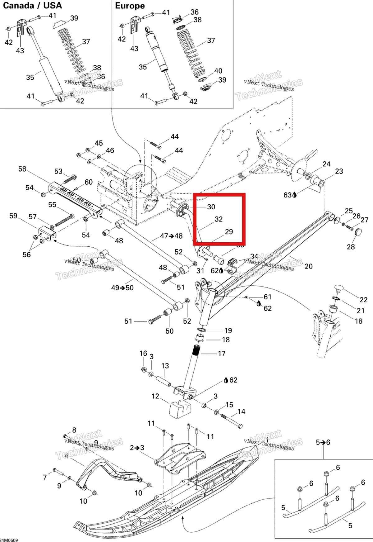 Деталь 505071208 на схеме узла 2005 Ski-Doo Legend V-1000 Front Suspension And Ski