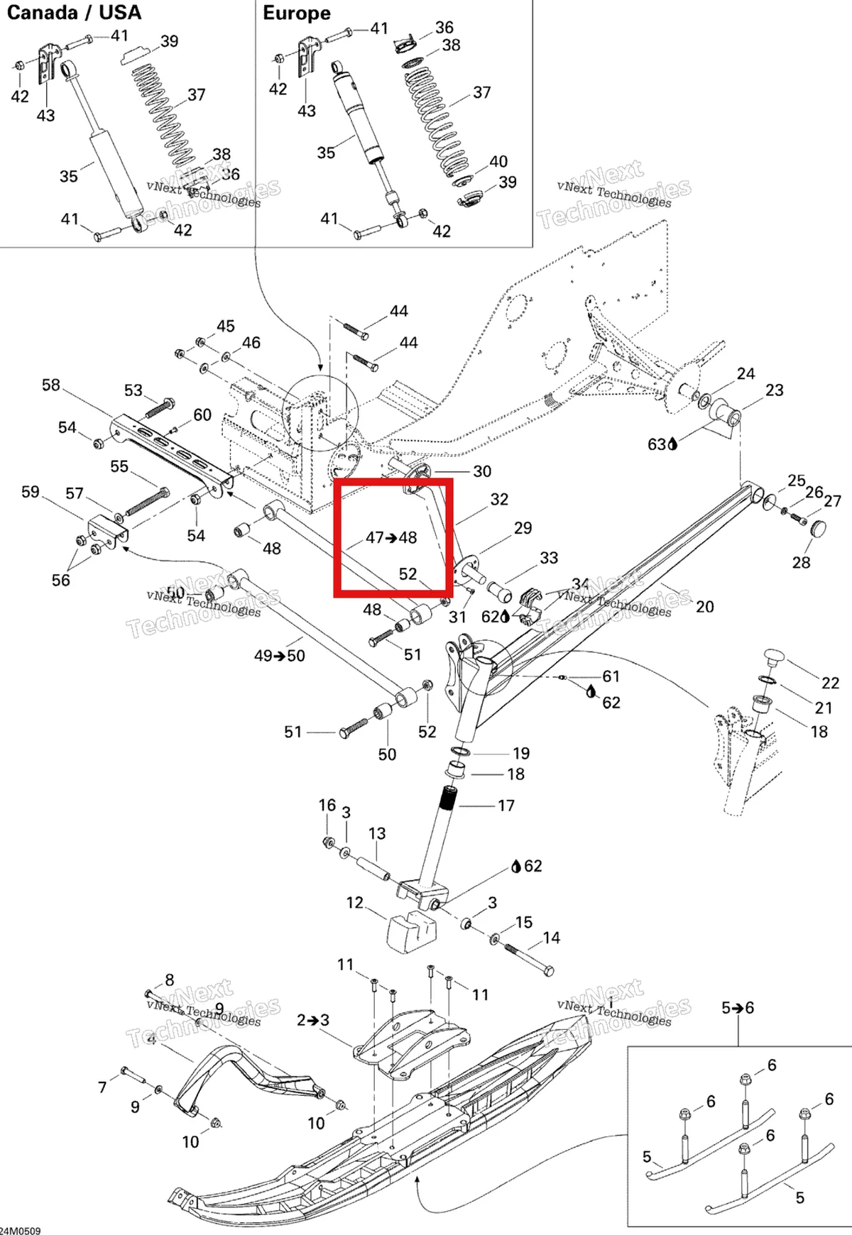 Деталь 505071210 на схеме узла 2005 Ski-Doo Legend V-1000 Front Suspension And Ski