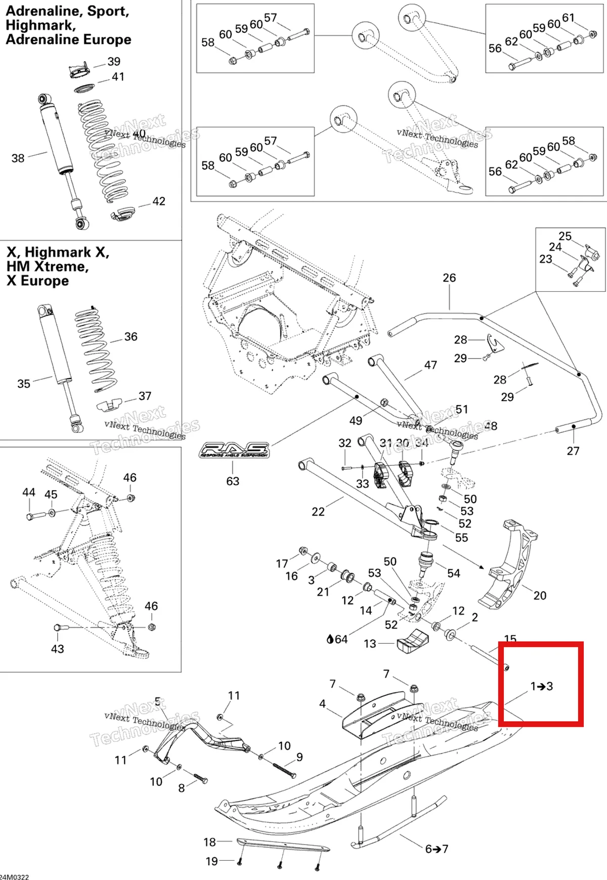 Деталь 505071391 (Деталь R.h. Ski Liner) на схеме узла 2004 Ski-Doo Summit 600 HO Front Suspension