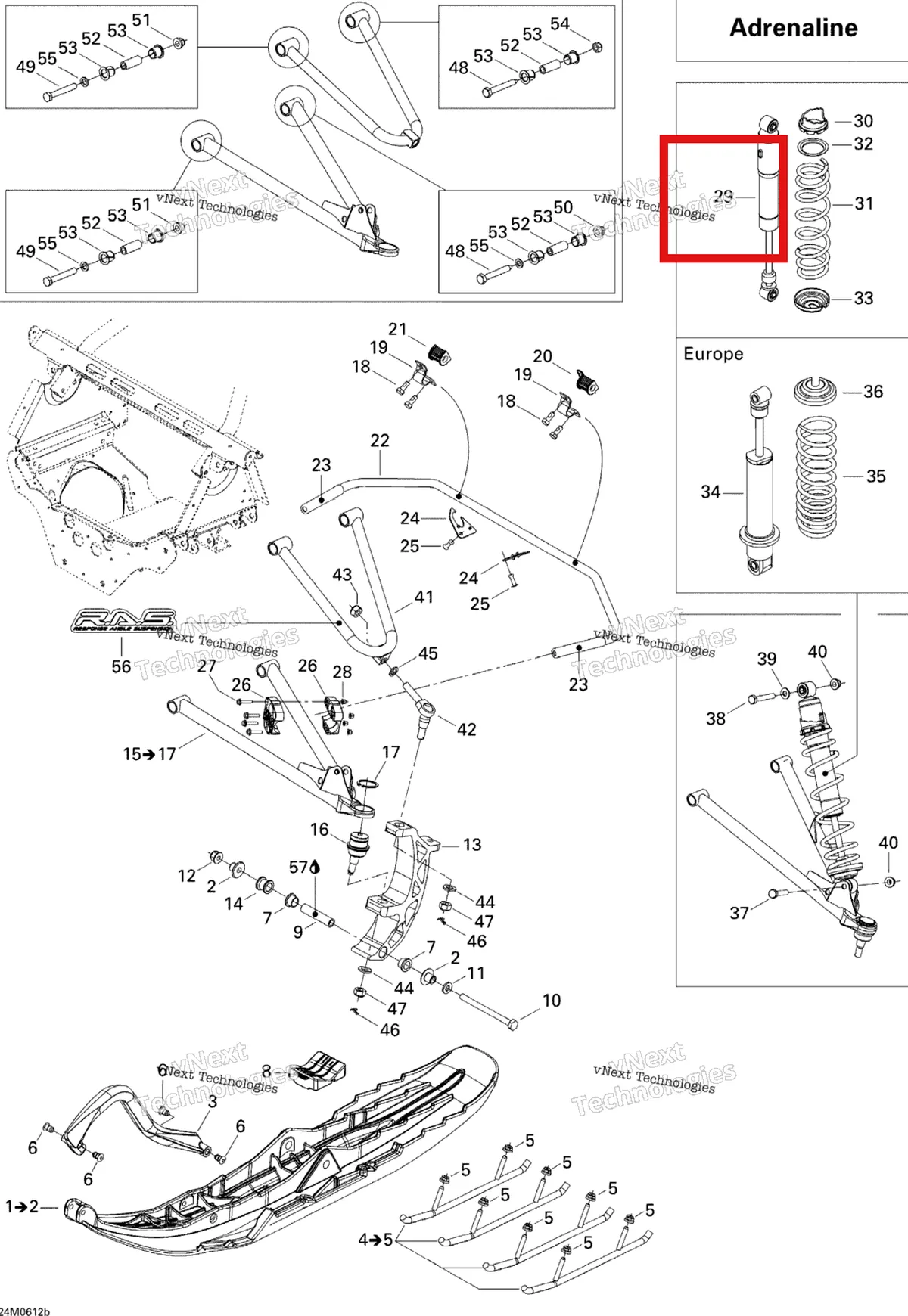 Схема применяемости: Передний амортизатор × Adrenaline 600 H O 800 H O Europe Ski-Doo 505071460