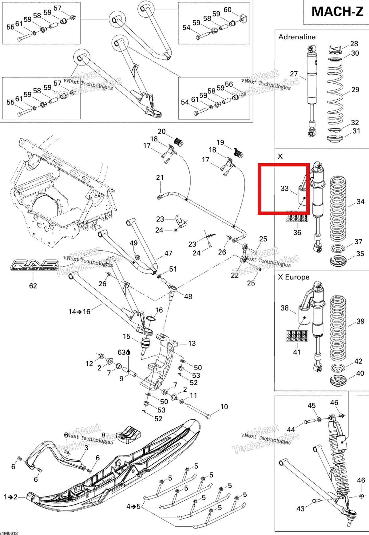 Деталь 505071470 на схеме узла 2006 Ski-Doo Mach Z 1000 SDI Adrenaline & X Front Suspension And Ski