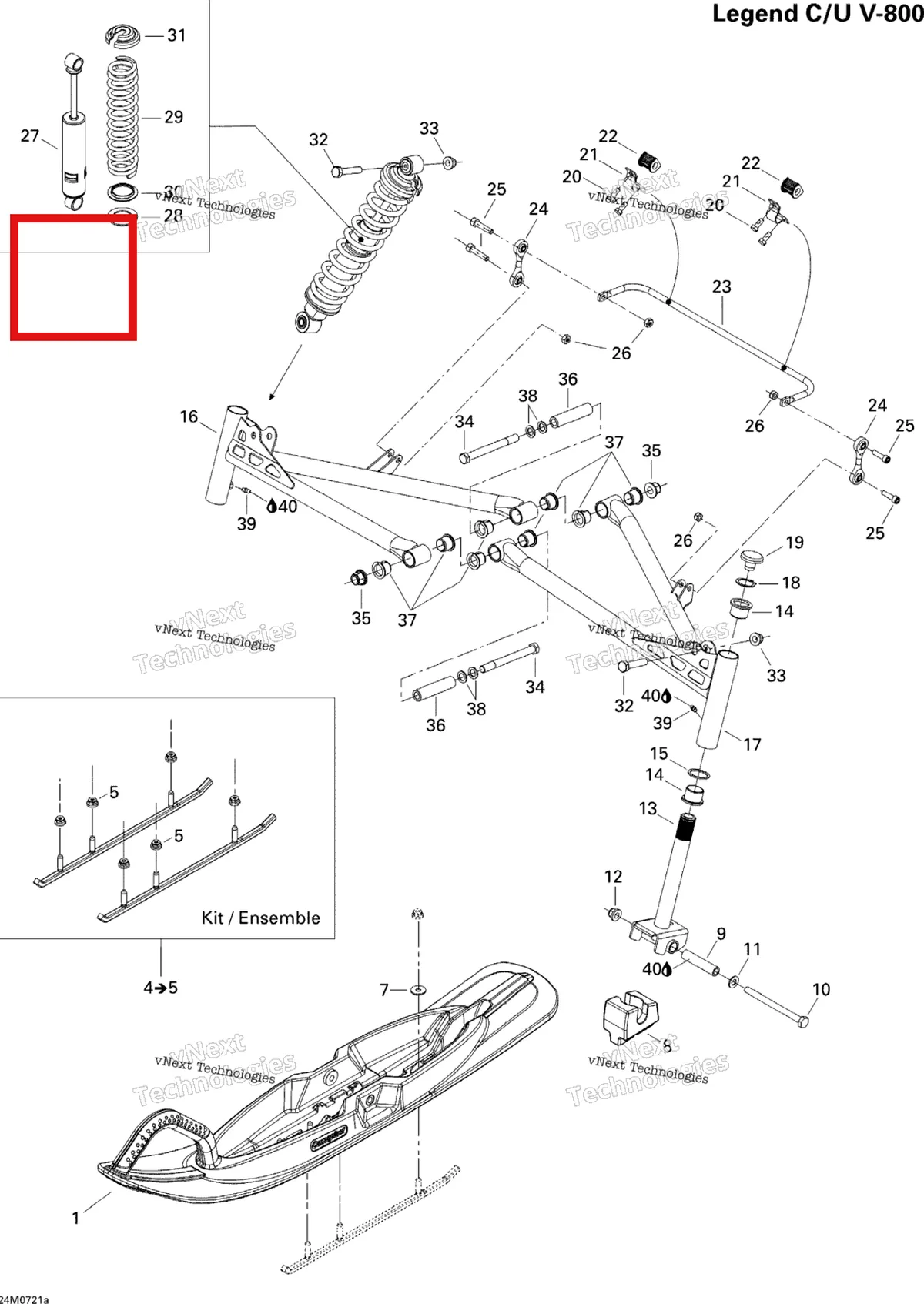 Деталь 505071487 (Деталь Front Shock) на схеме узла 2007 Ski-Doo Legend Trail V800 Front Suspension And Ski