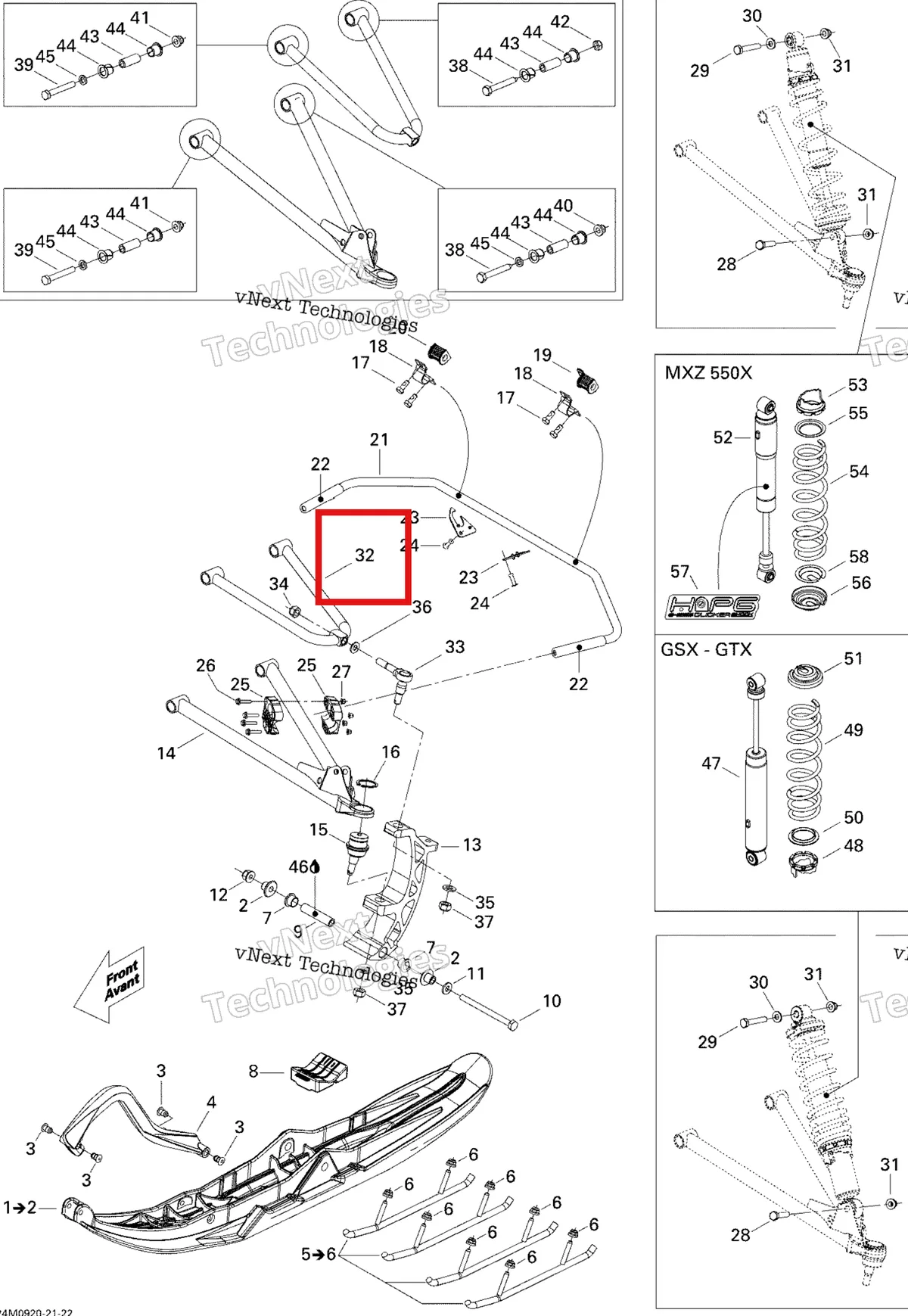 Деталь 505071756 на схеме узла 2009 Ski-Doo GSX Fan Front Suspension And Ski